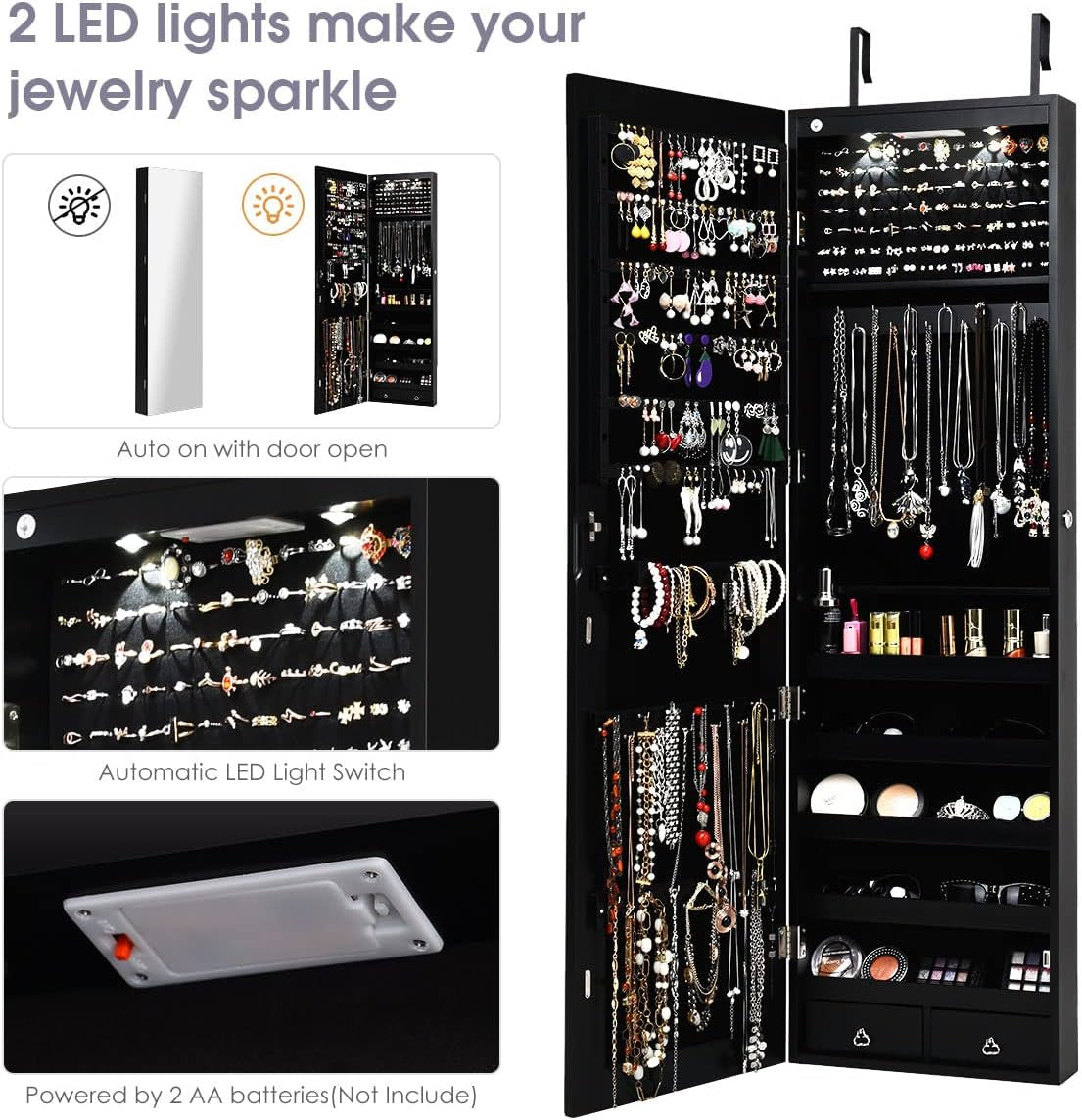 Wall Door Mounted Jewelry Armoire Cabinet with 47.5" H Full Length Mirror, 2 Leds Lockable Jewelry Organizer Box with Bracelet Rod, 2 Drawers, Large Storage Capacity (Black)