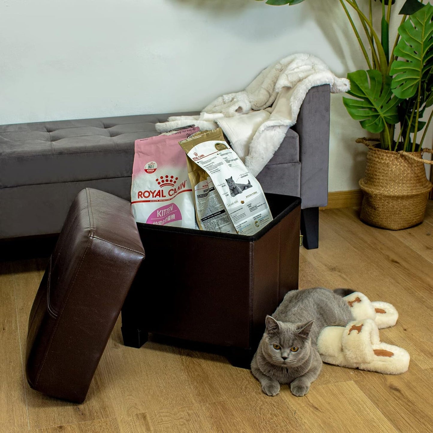 Storage Ottoman Cube Folding Footstool PU Leather Bench with Legs, Ottoman with Storage for Living Room, Bedroom, Brown