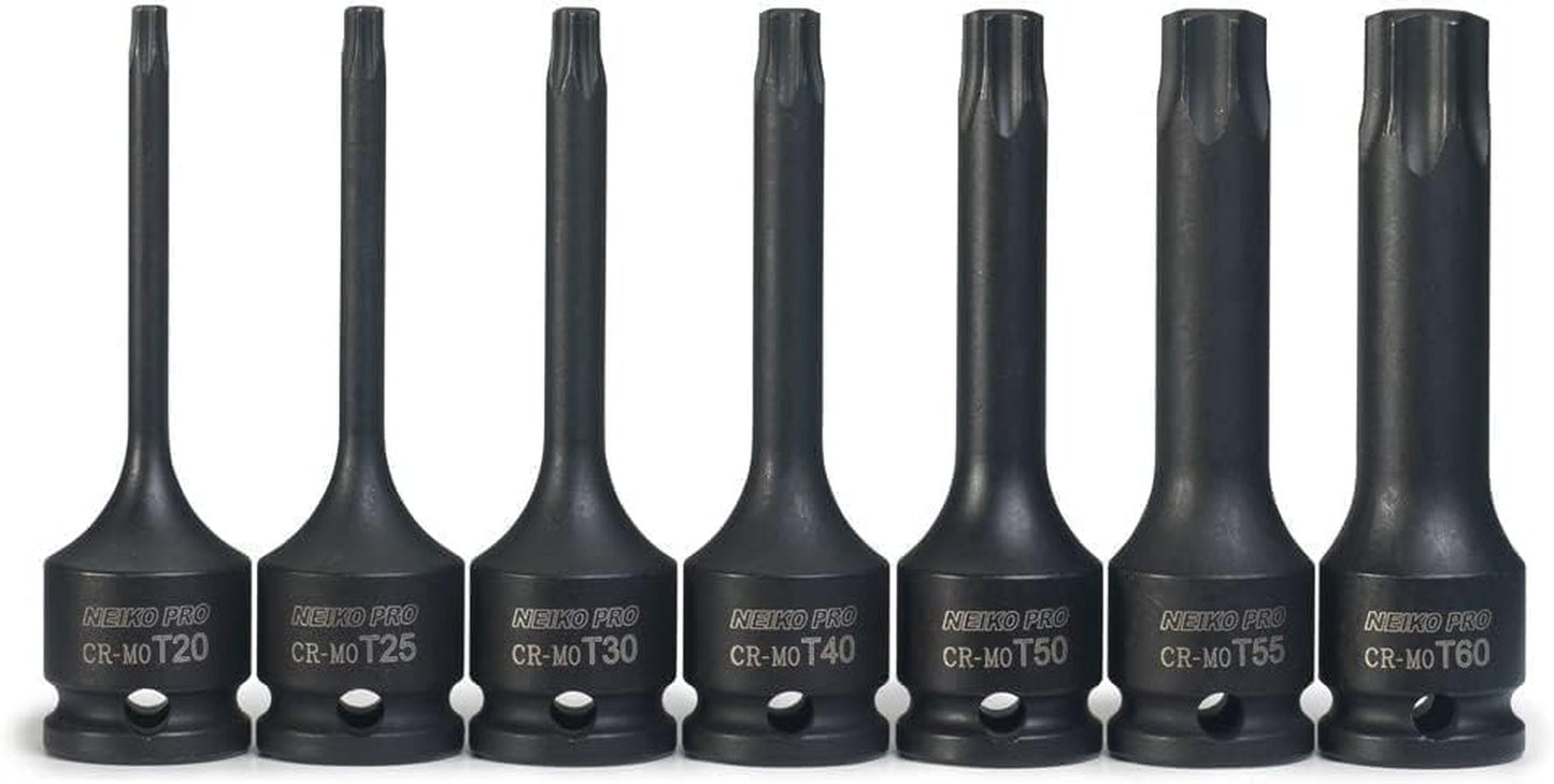 01132B 3/8” Drive Torx Star Driver Bit Socket Set | 7 Piece | T20 to T60 | 3” Length | Cr-Mo Impact Grade