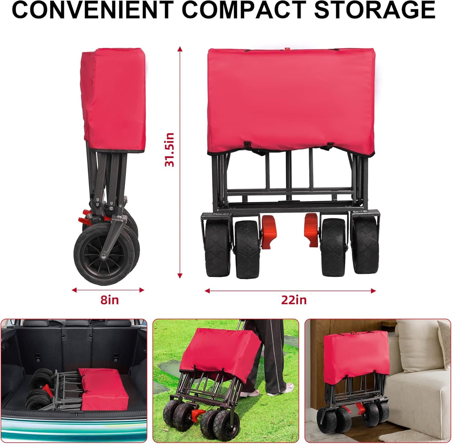 Collapsible Canopy Wagon - Heavy Duty Utility Outdoor Garden Cart - with Adjustable Handles , for Shopping, Picnic, Camping, Sports - Red