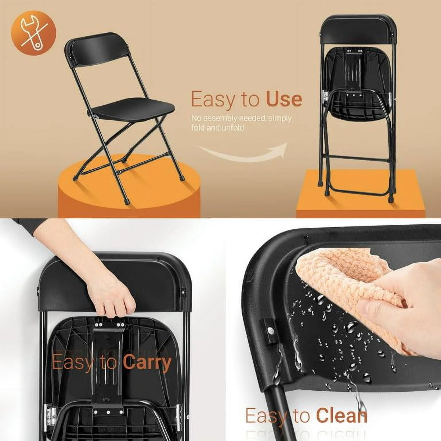 4 Pack Indoor Outdoor Events Seats, Portable Stackable, Plastic Folding Chairs for Party, Black