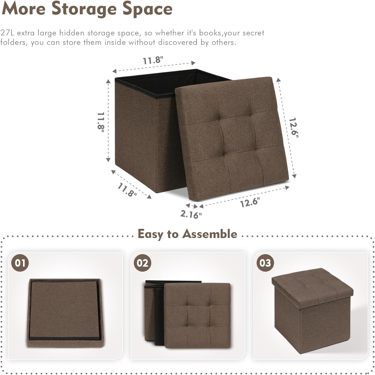 Storage Ottoman Cube, Toy Chest Folding Footrest for Living Room Seat, 12.6"X12.6"X12.6" (Linen Brown)
