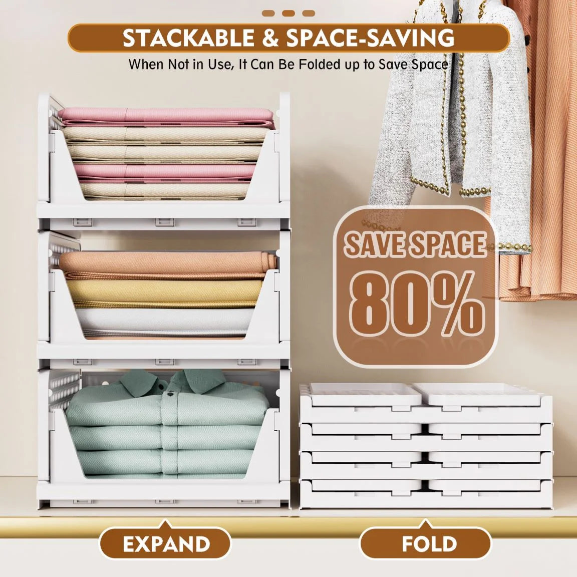 5 Pack Folding Organizers Storage Basket, White Plastic Stackable Storage Bins for Kitchen Bathroom Office,5L