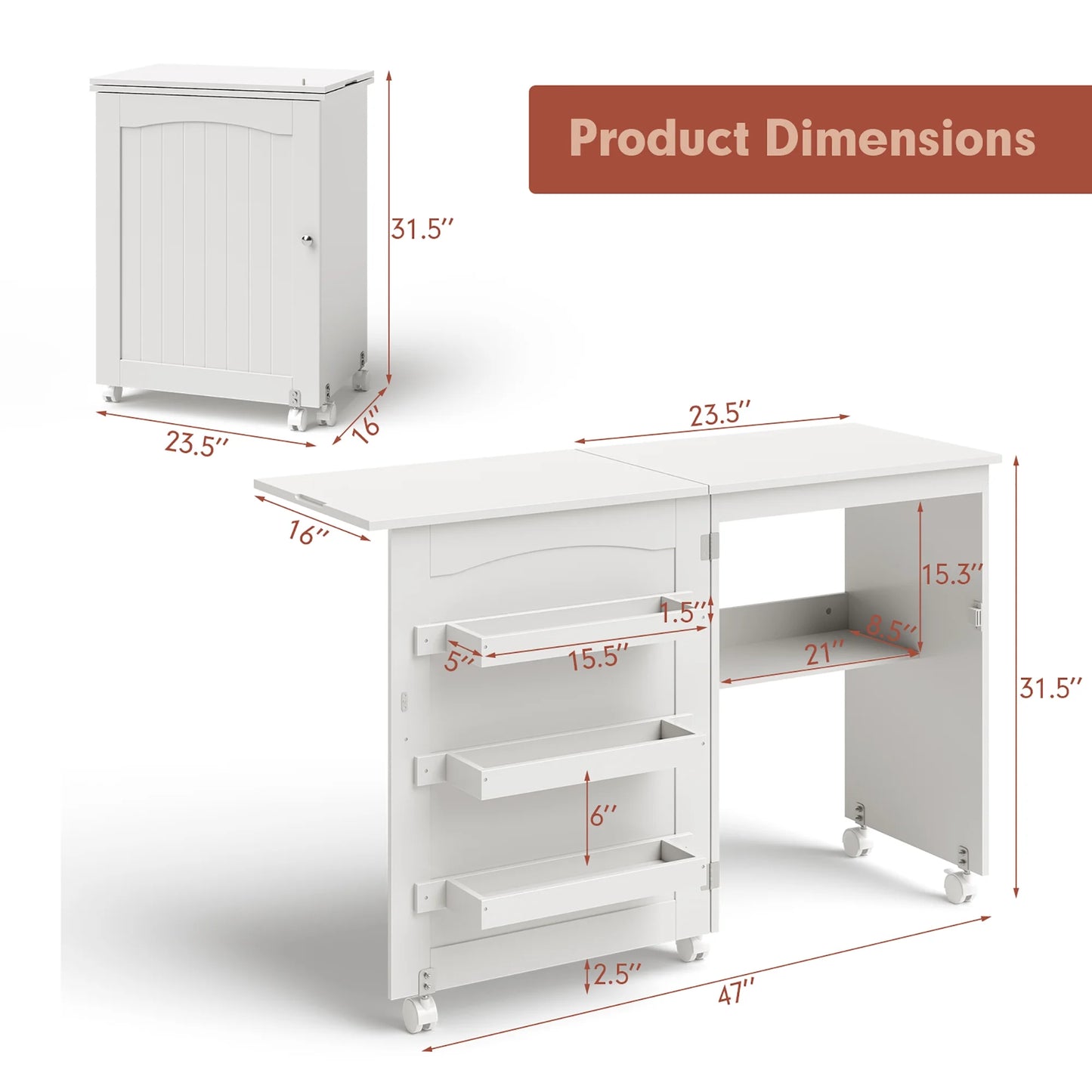 White Folding Sewing Craft Table with Storage Shelves Cabinet Lockable Wheels