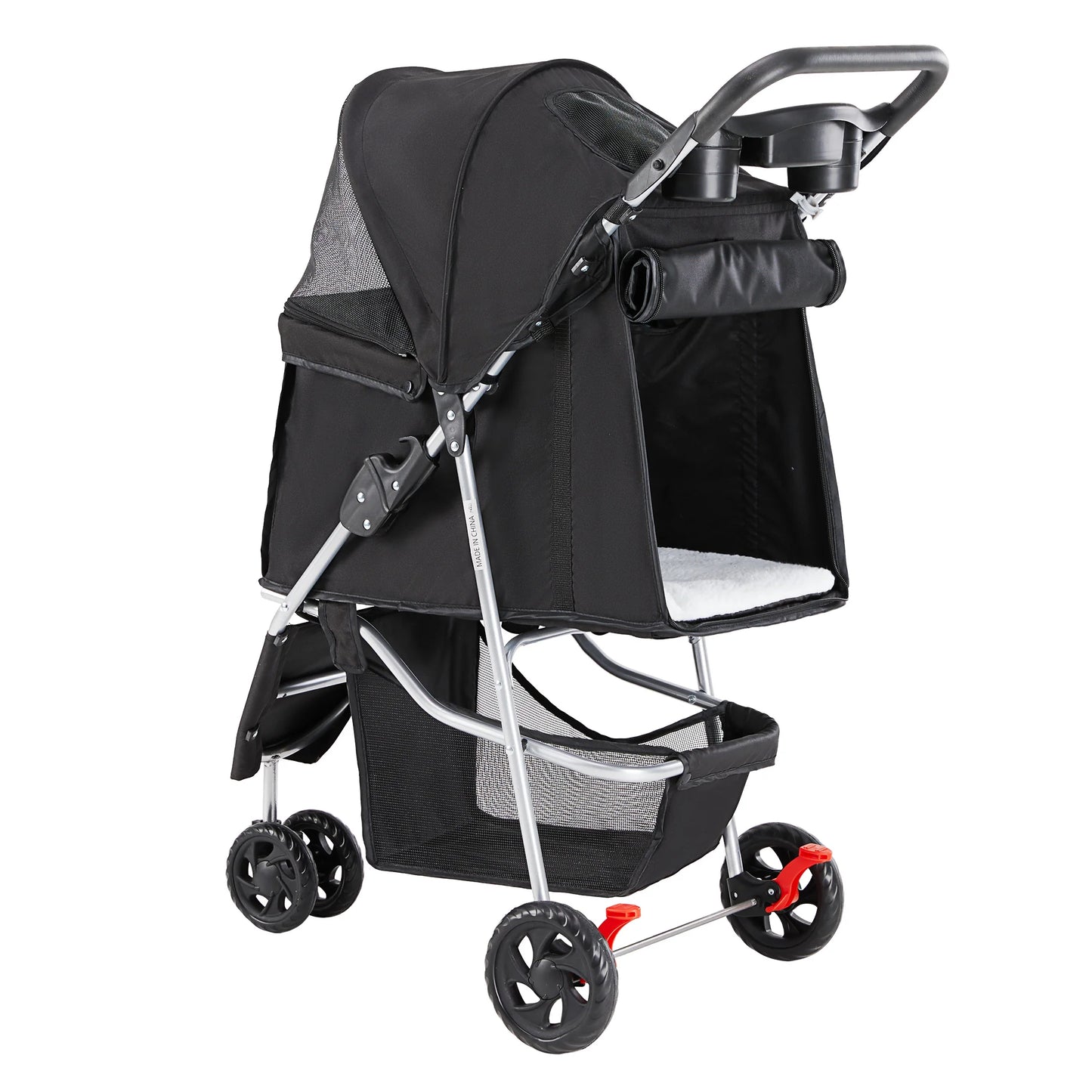 Dog Stroller, Pet Travel Folding Carrier with Storage Basket for Cat/Dog, 3 Wheels, Black