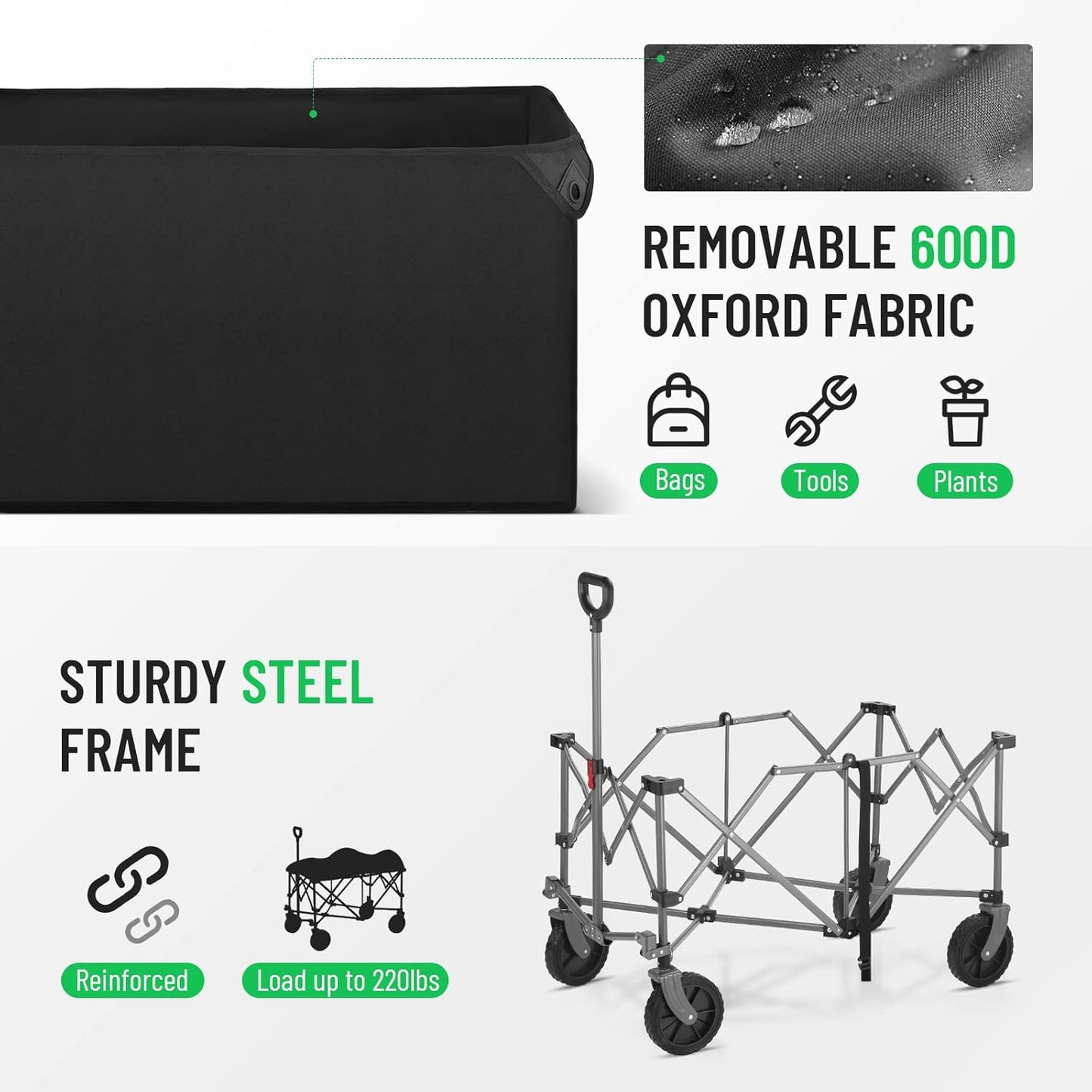 Folding Wagon Cart Heavy Duty Collapsible Utility Wagon Outdoor Camping Garden Cart with Universal Wheels for Camping, Sports, Shopping (Black)