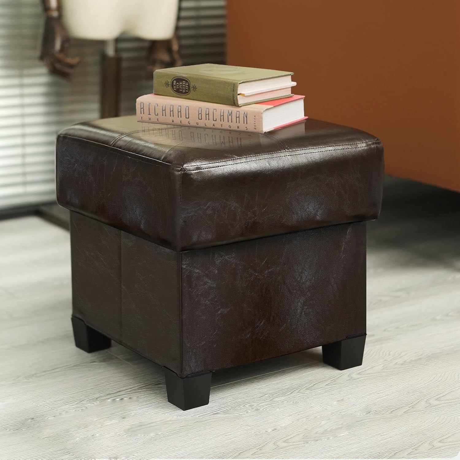 Storage Ottoman Cube Folding Footstool PU Leather Bench with Legs, Ottoman with Storage for Living Room, Bedroom, Brown
