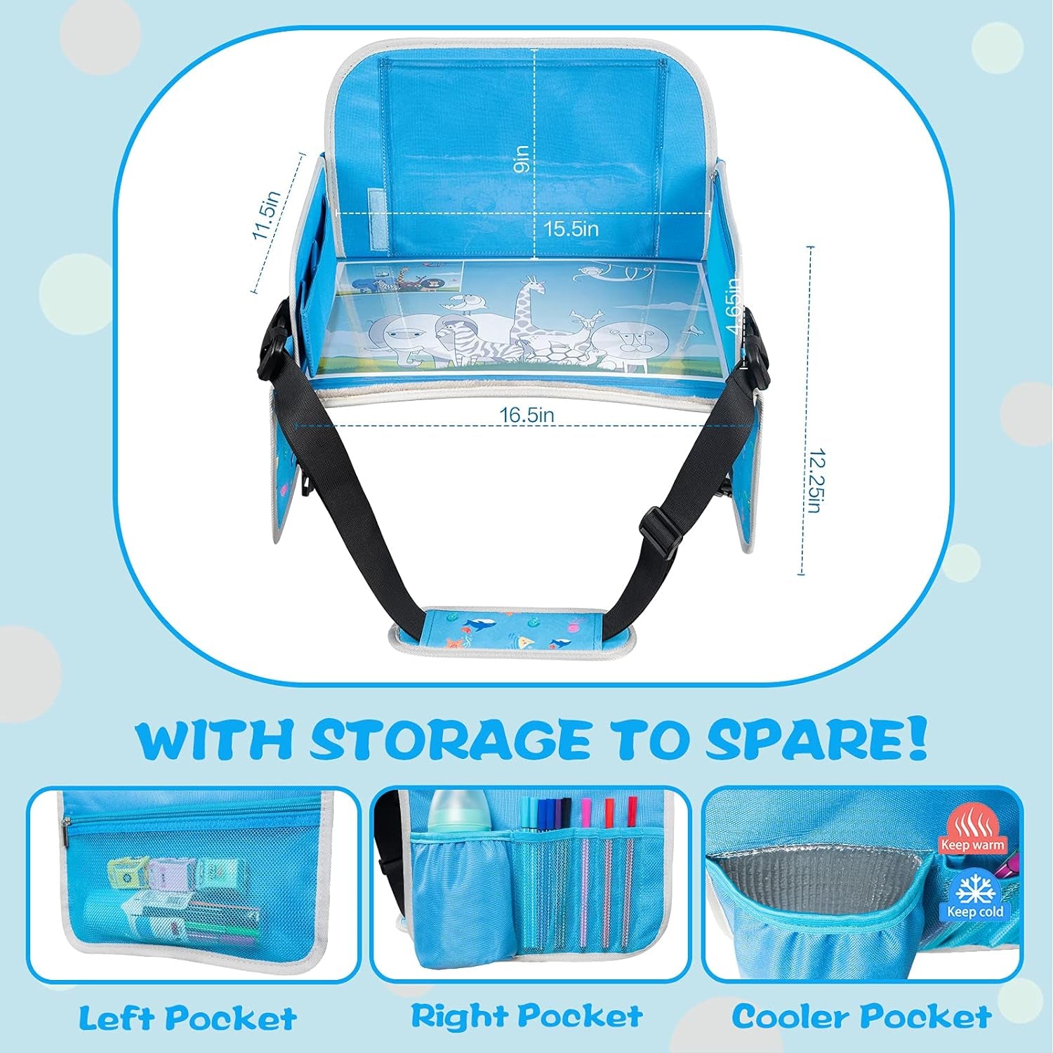 Kids Travel Tray, Car Seat Tray for Kids Travel, Toddler Essentials Girls with Tablet Holder, Road Trip Essentials with Cooler Cup Holder, Dry Erase Board & Storage Pocket for Airplane, Blue