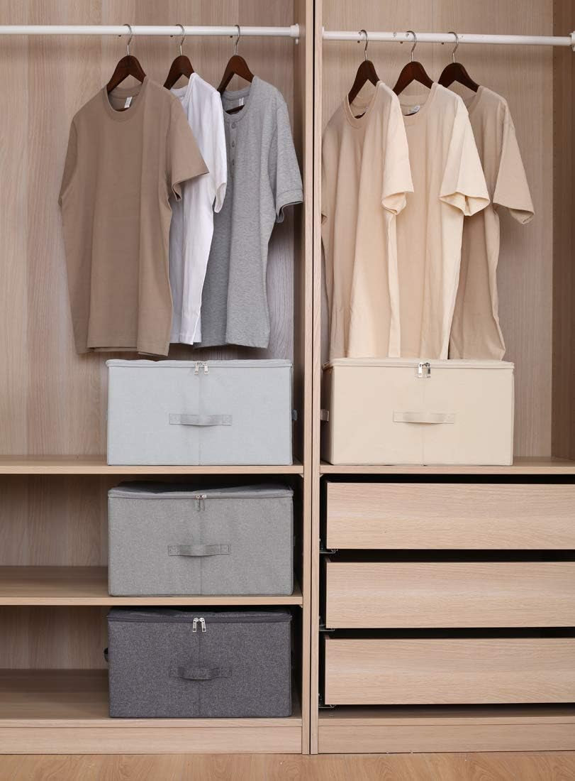 Collapsible Rigid Storage Bins with Lid, Shelves Clothes Storage Cubes, Tide up Your Wardrobe, Beige, Set of 2