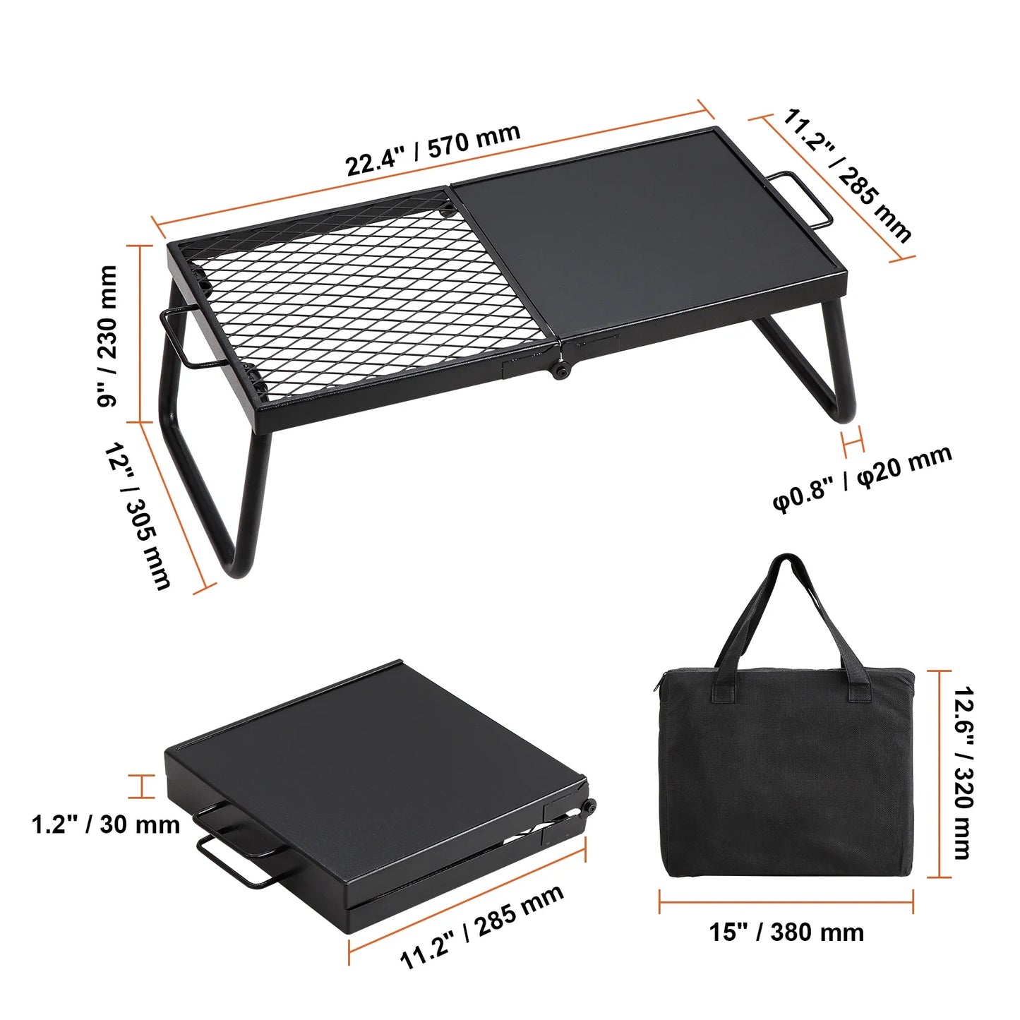 Folding Campfire Grill, Collapsible Outdoor Grill, Heavy Duty Steel Camp Fire Grill, 22.4" Compact Travel-Friendly Grates for Fire Pit, Camping Cookware with Stand and Transport Sack, BBQ Rack