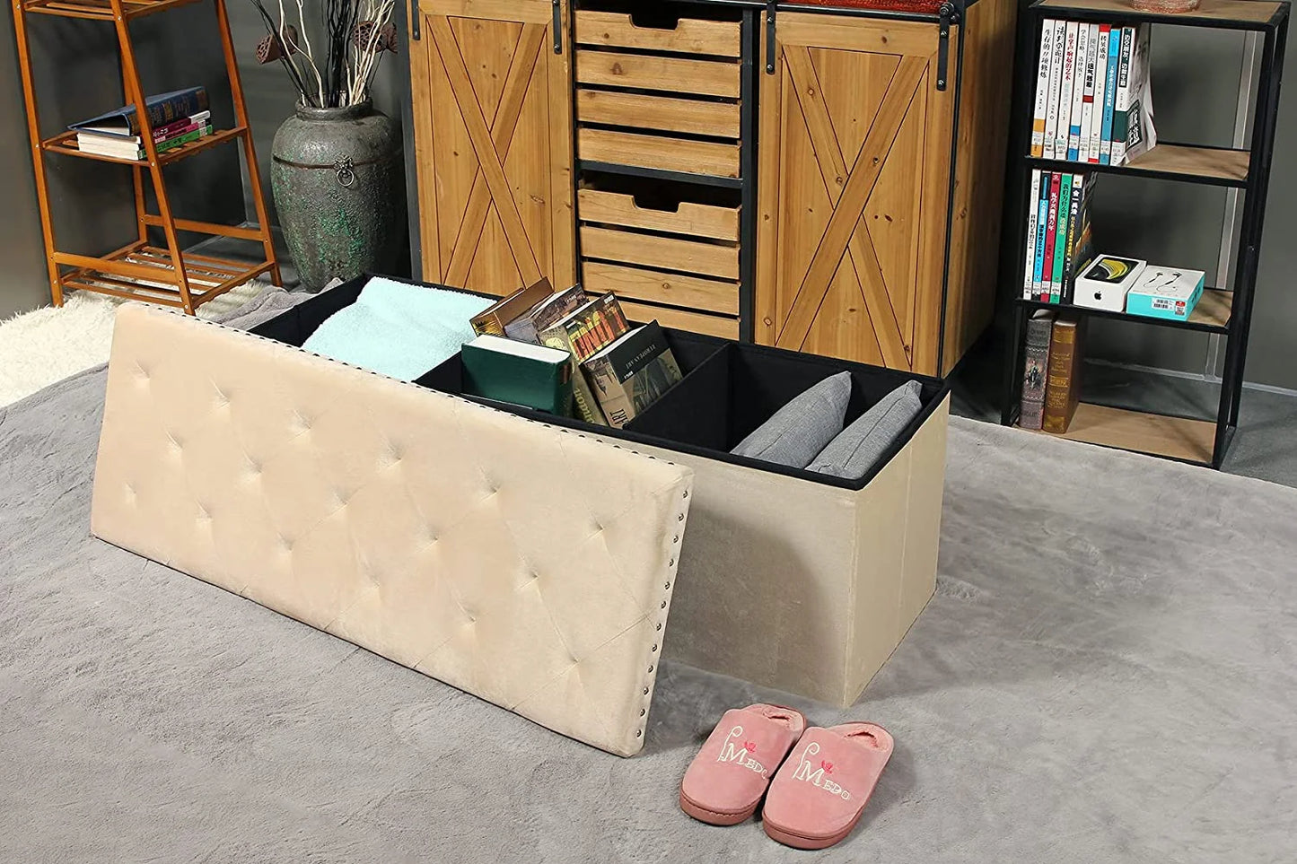 43.3" Beige Velvet Ottoman Storage, Extra Large End of Bed Storage Box with Lids, Footstool Folding Ottoman Bench Window Seat with Rivet