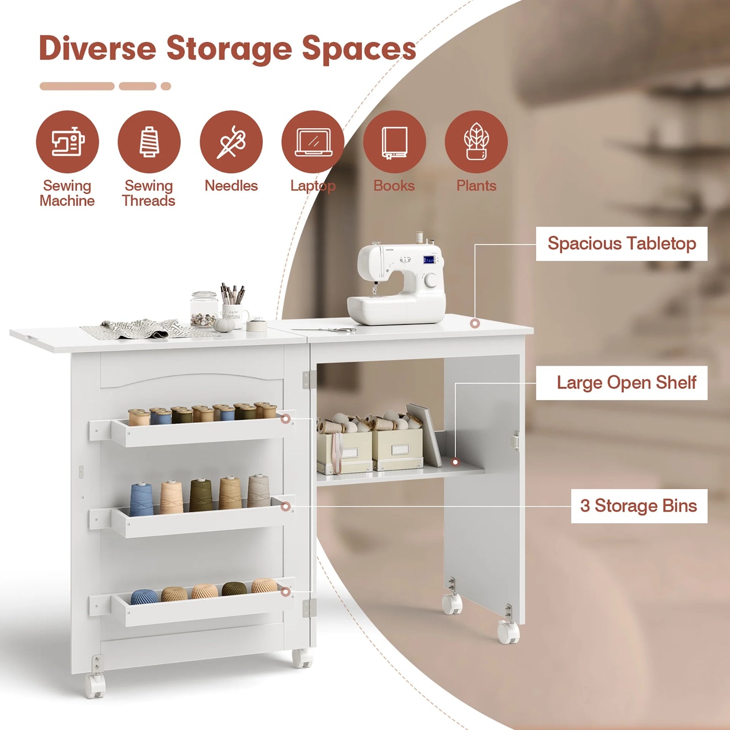 White Folding Sewing Craft Table with Storage Shelves Cabinet Lockable Wheels