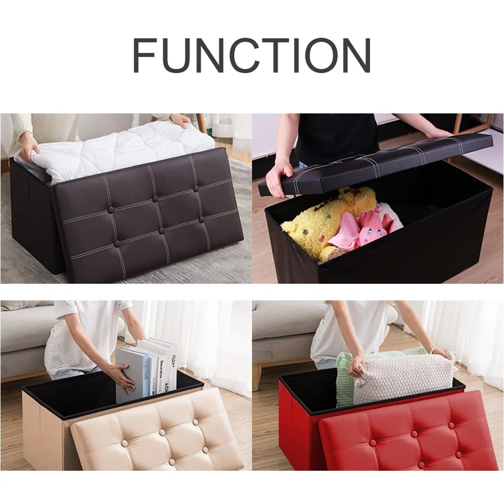 Folding Storage Ottoman Bench,Leather Footstool End of Bed Storage Bench Storage Chest,Foot Rest for Living Room,Bedroom Hallway Bench with Storage,Holds up to 330Lb,30X15X15Inches,Red