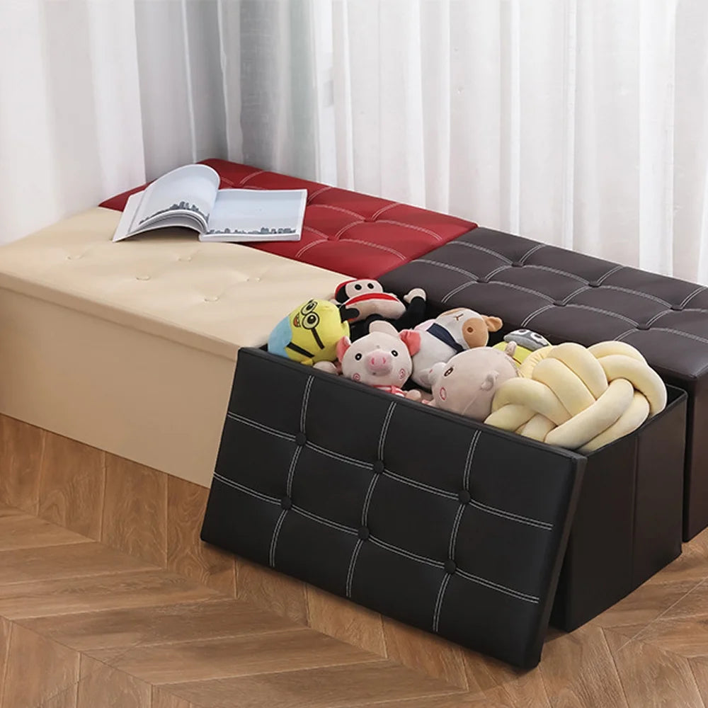 Folding Storage Ottoman Bench,Leather Footstool End of Bed Storage Bench Storage Chest,Foot Rest for Living Room,Bedroom Hallway Bench with Storage,Holds up to 330Lb,30X15X15Inches,Red