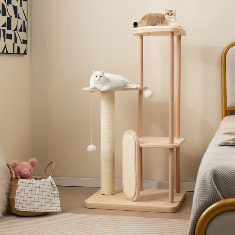 Wooden Multi-Level Modern Cat Tower with Scratching Board and Post