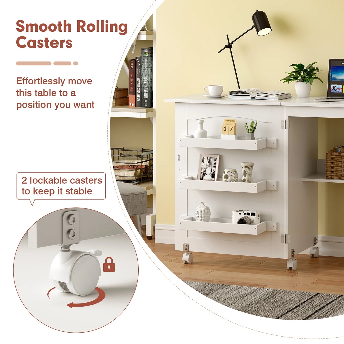 White Folding Sewing Craft Table with Storage Shelves Cabinet Lockable Wheels