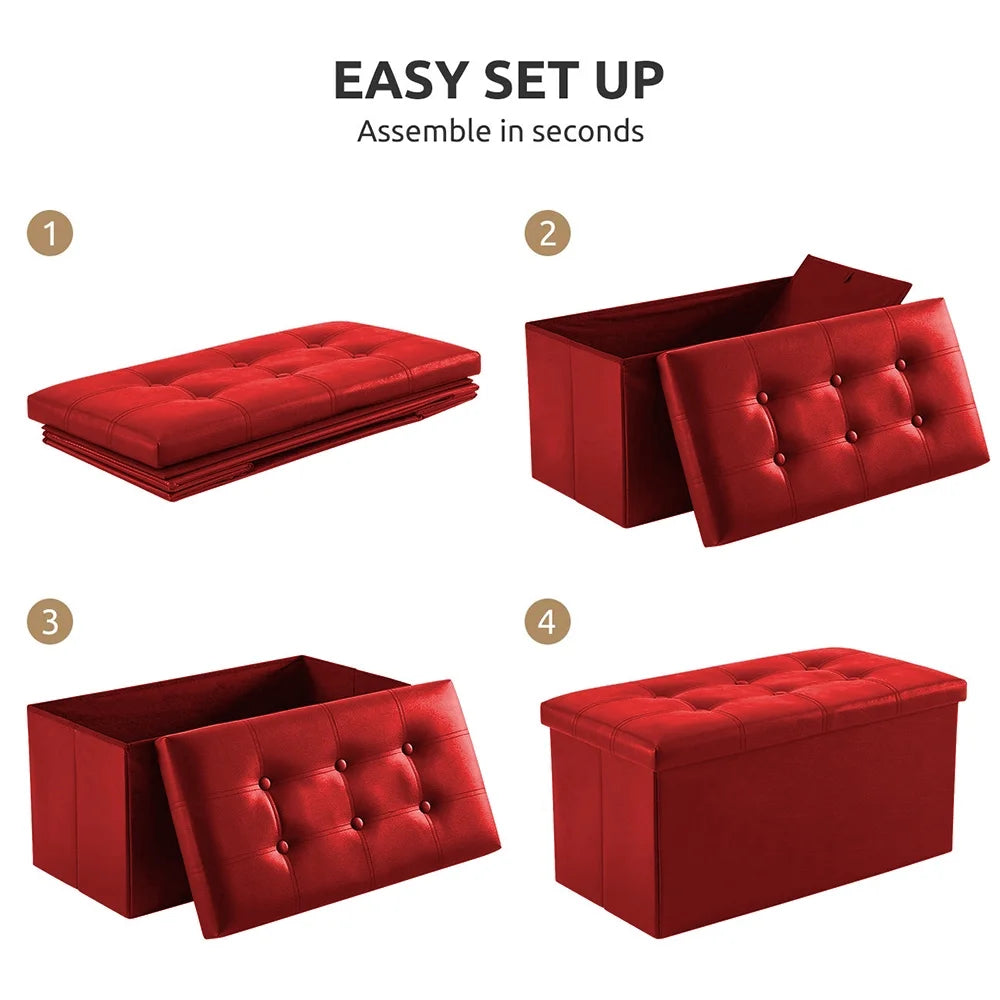 Folding Storage Ottoman Bench,Leather Footstool End of Bed Storage Bench Storage Chest,Foot Rest for Living Room,Bedroom Hallway Bench with Storage,Holds up to 330Lb,30X15X15Inches,Red