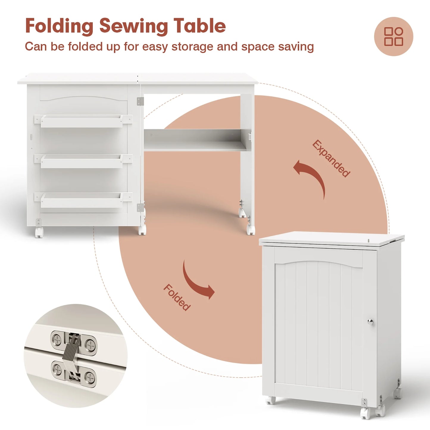 White Folding Sewing Craft Table with Storage Shelves Cabinet Lockable Wheels
