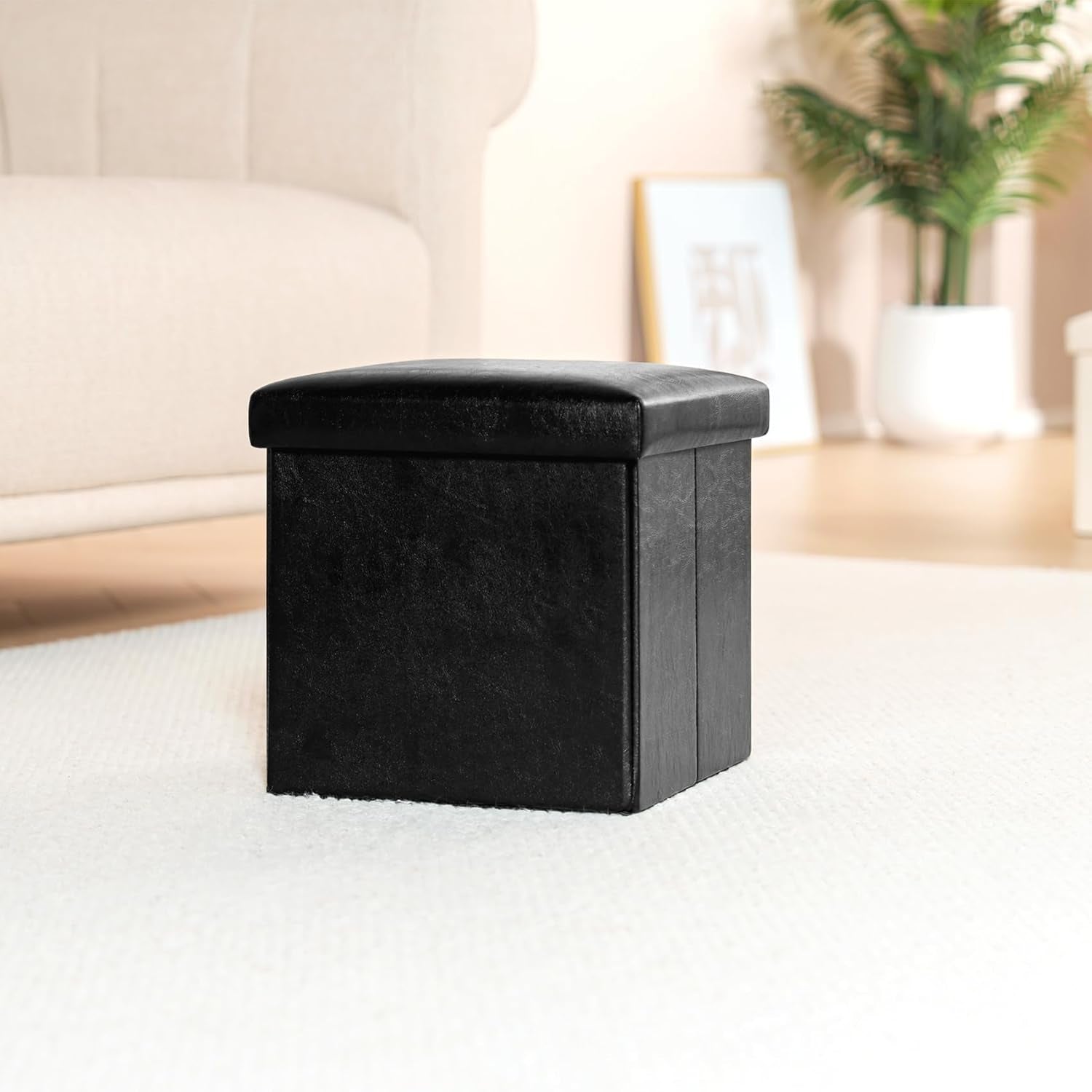 Folding Storage Ottoman Cube with Faux Leather for Living Room, Bedroom, Home Office, Dorm Storage Footrest Black 11.8"X11.8"X11.8"