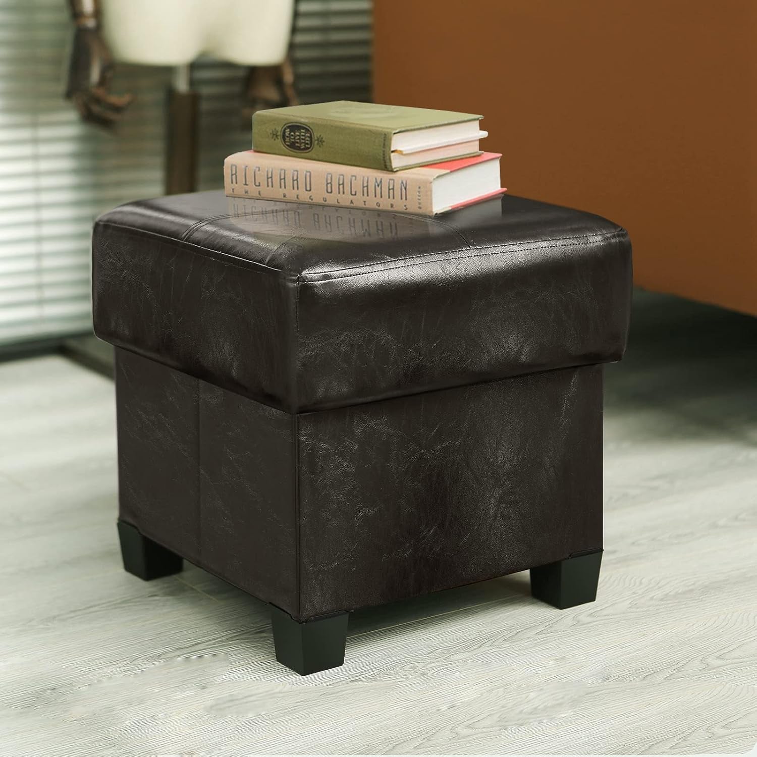 Storage Ottoman Cube Folding Footstool PU Leather Storage Bench with Legs, Storage Chest for Living Room, Bedroom, 15.7 X 15.7 X15.7 Inches, Black