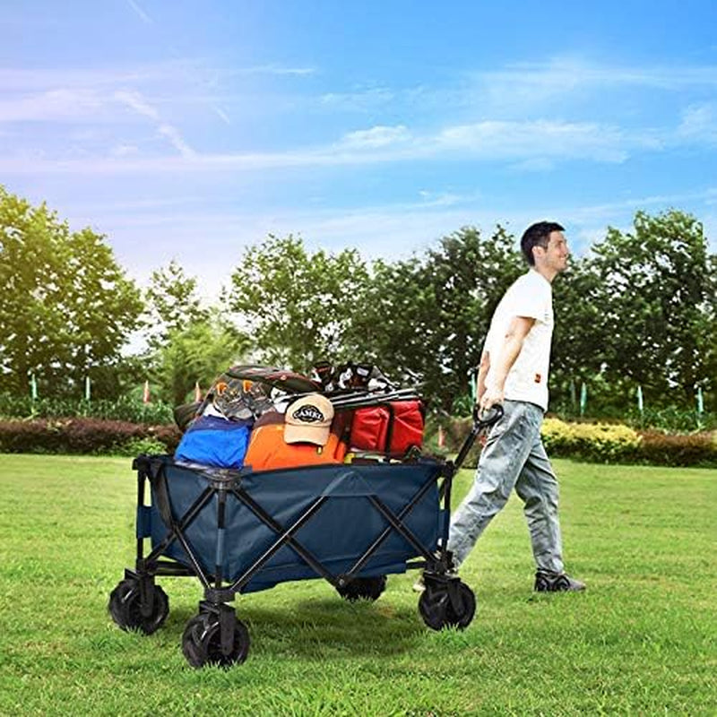 Folding Wagon Collapsible Utility Big Wheels Shopping Cart for Beach Outdoor Camping Garden Canvas Fabric All Terrain Heavy Duty Portable Grocery Cart Buggies Adjustable Handle (Navy)