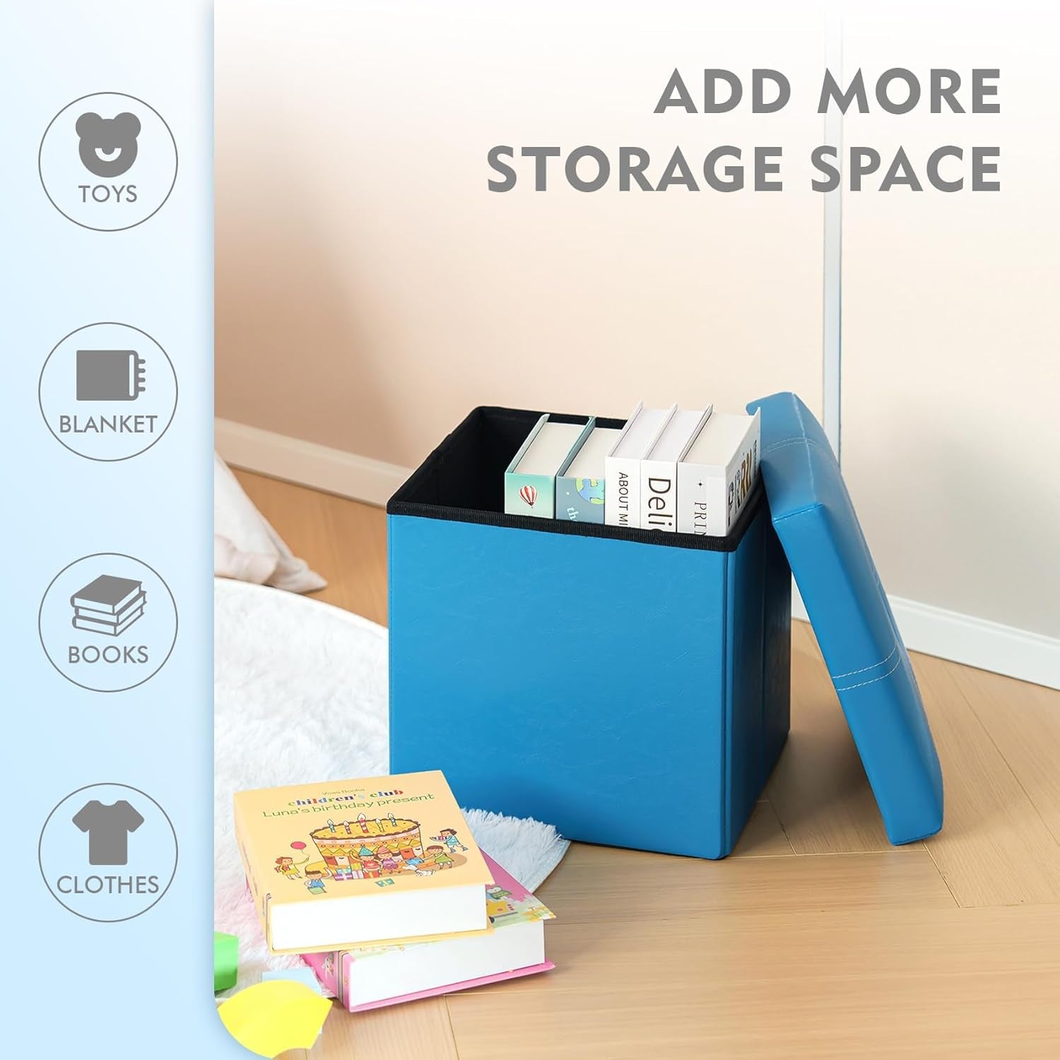 Folding Storage Ottoman, Faux Leather Footrest Seat Coffee Table Toy Chest Kids, Blue 11.8"X11.8"X11.8"