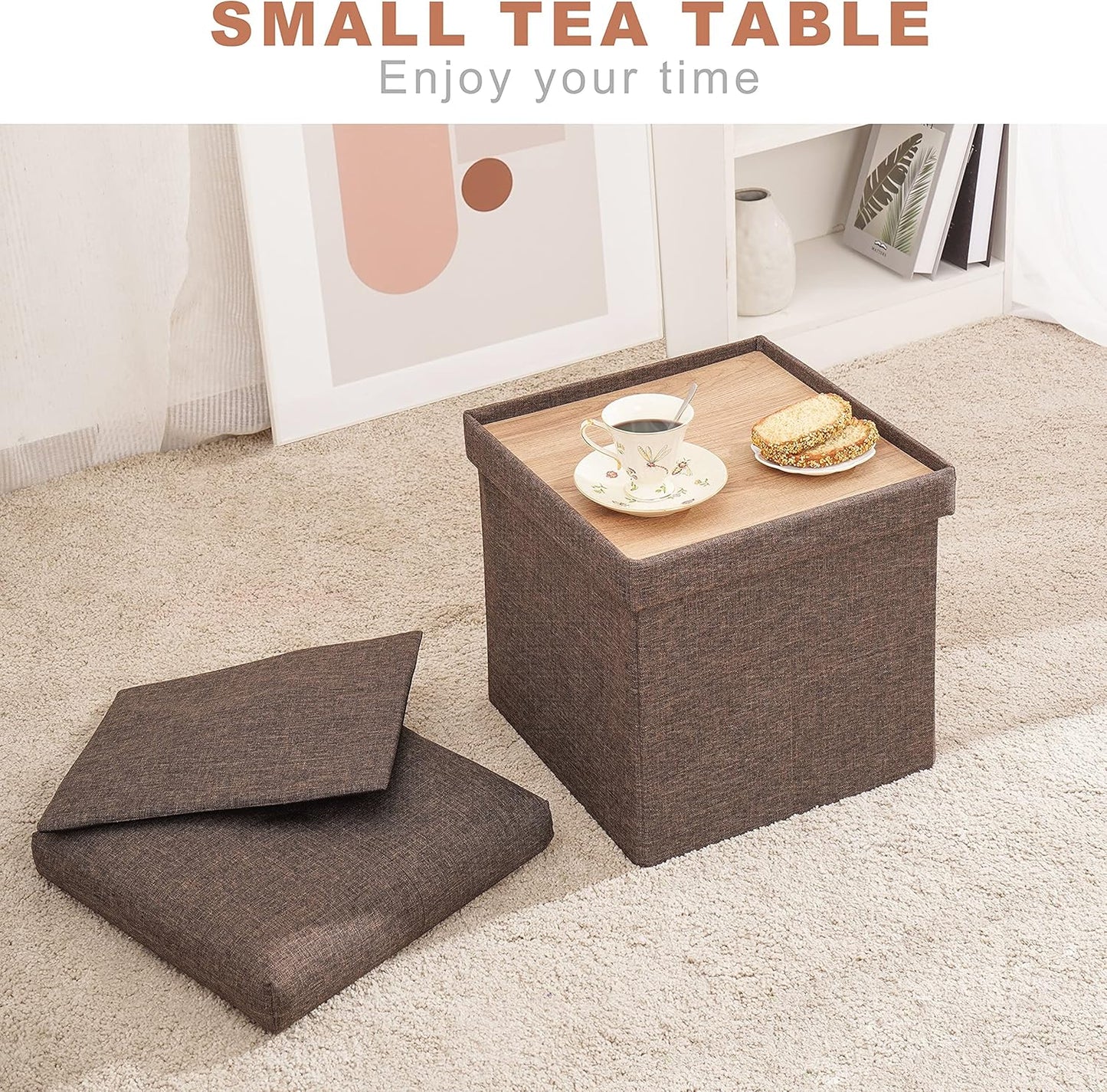 Storage Ottoman with Tray, Square Folding Ottoman Coffee Table, Portable Footrest Stool, Brown