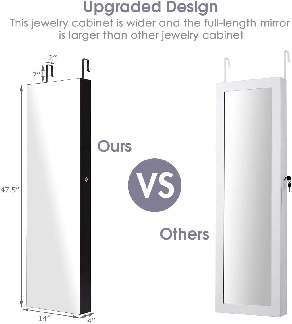 Wall Door Mounted Jewelry Armoire Cabinet with 47.5" H Full Length Mirror, 2 Leds Lockable Jewelry Organizer Box with Bracelet Rod, 2 Drawers, Large Storage Capacity (Black)