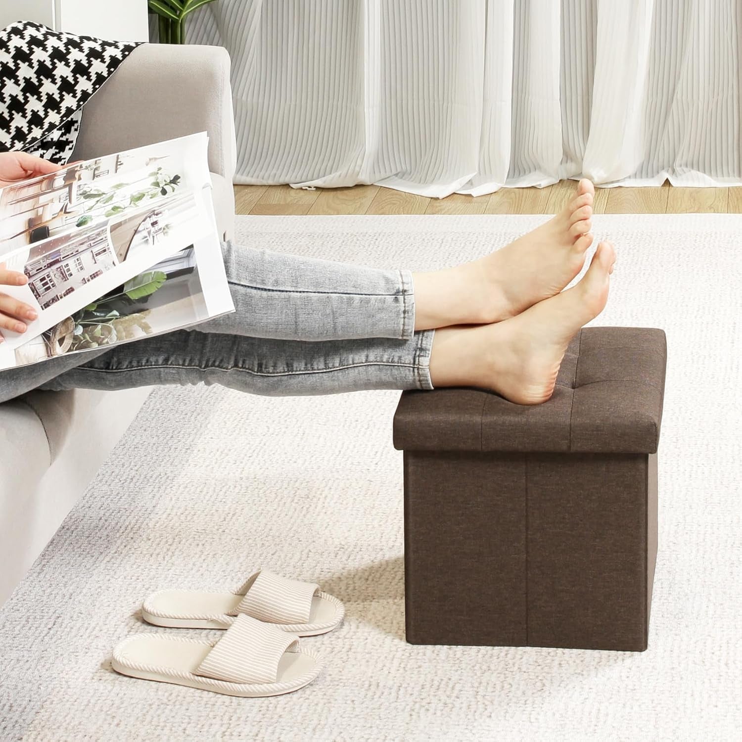 Storage Ottoman Cube, Toy Chest Folding Footrest for Living Room Seat, 12.6"X12.6"X12.6" (Linen Brown)