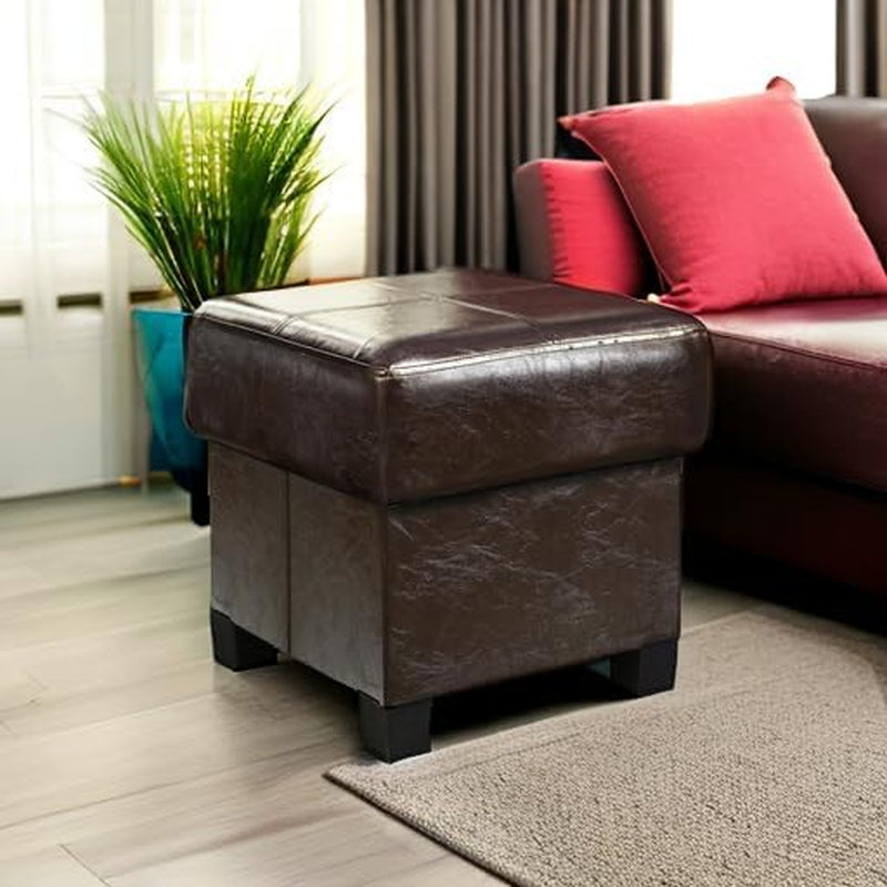 Storage Ottoman Cube Folding Footstool PU Leather Bench with Legs, Ottoman with Storage for Living Room, Bedroom, Brown