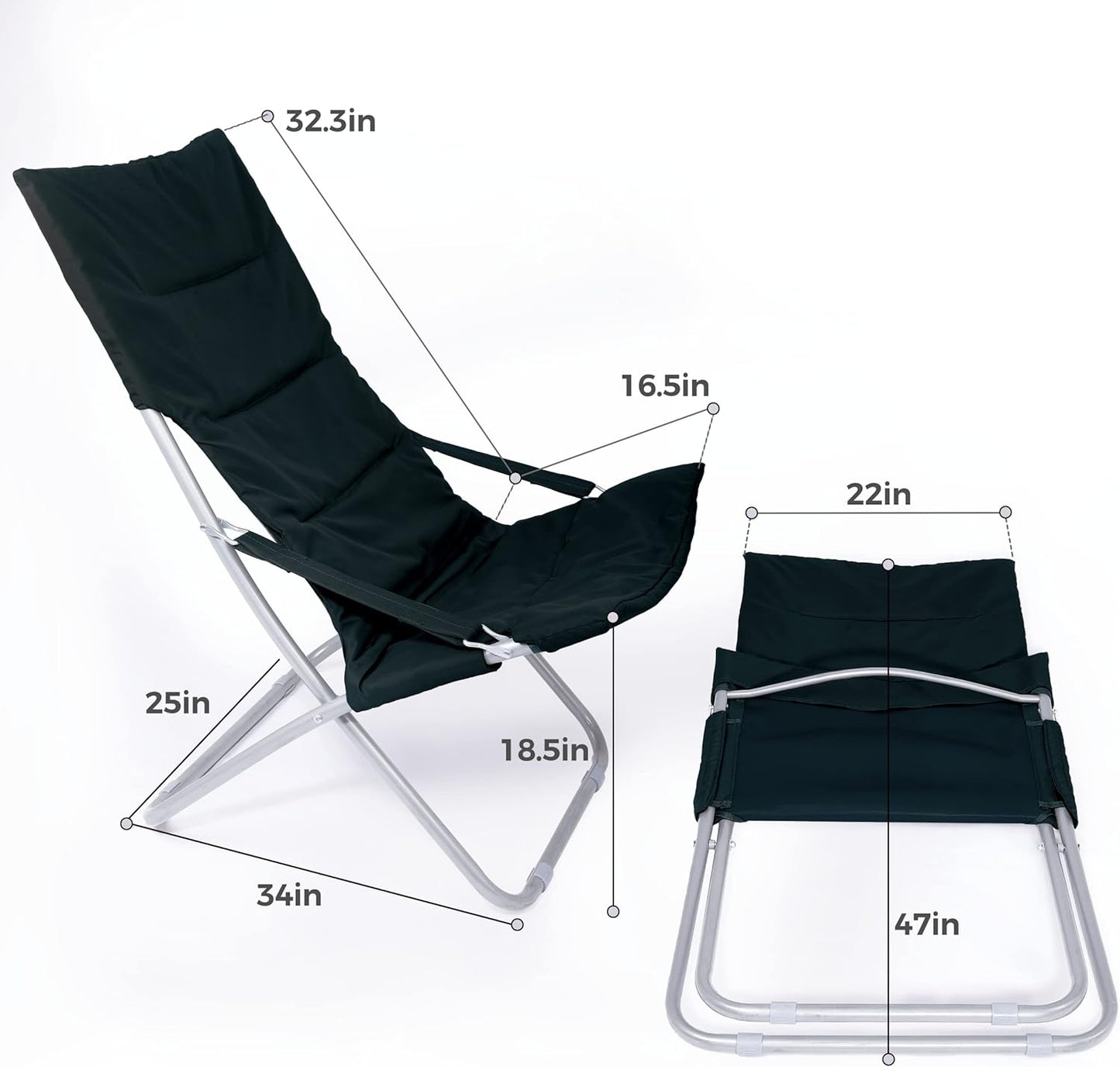 Padded Folding Patio Chair Outdoor Furniture Lawn Lounge Chair with Cushions Lightweight Portable Reclining Chair-Black