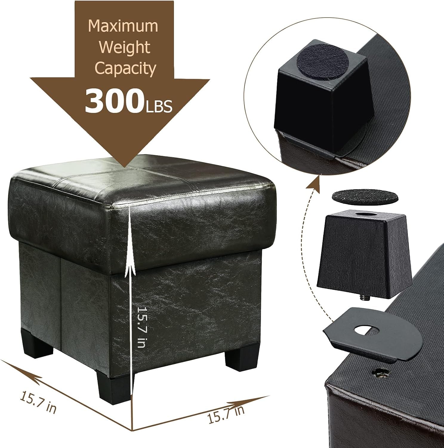 Storage Ottoman Cube Folding Footstool PU Leather Storage Bench with Legs, Storage Chest for Living Room, Bedroom, 15.7 X 15.7 X15.7 Inches, Black