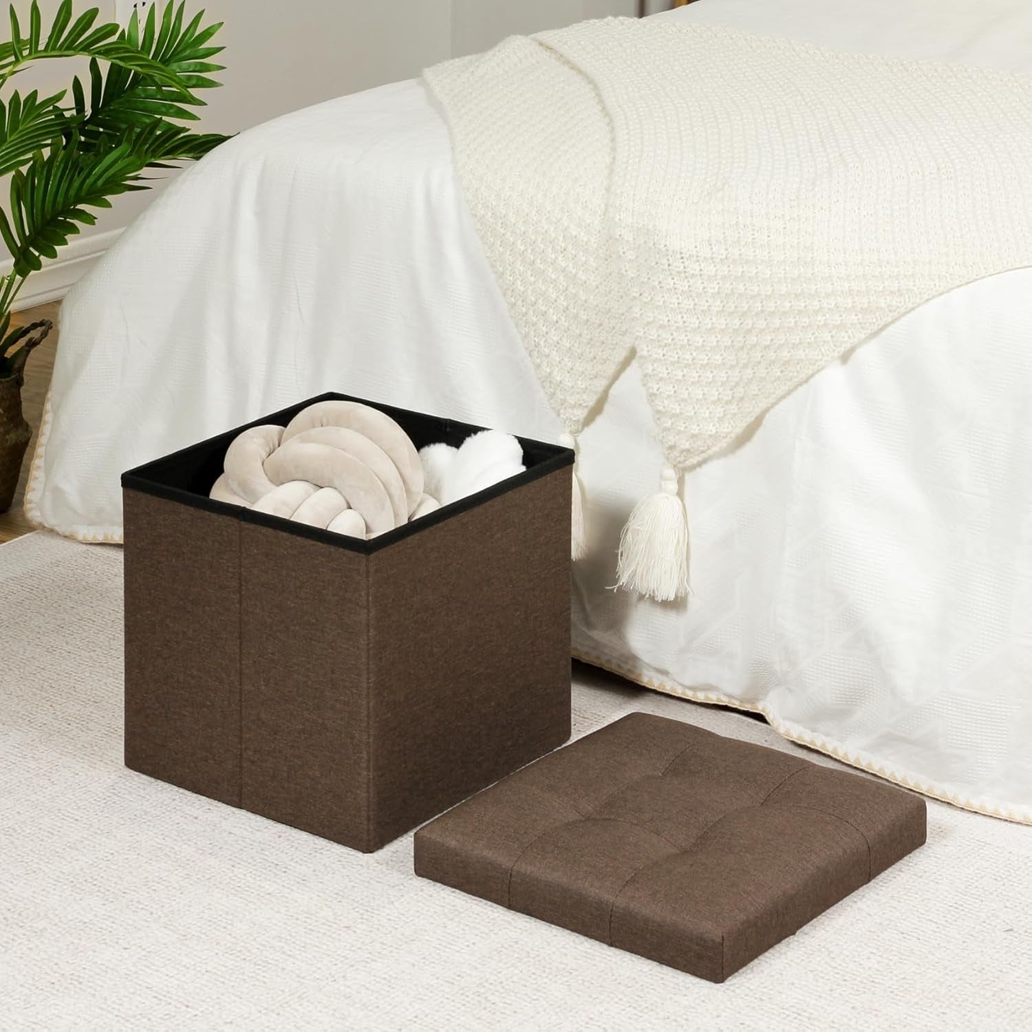 Storage Ottoman Cube, Toy Chest Folding Footrest for Living Room Seat, 12.6"X12.6"X12.6" (Linen Brown)