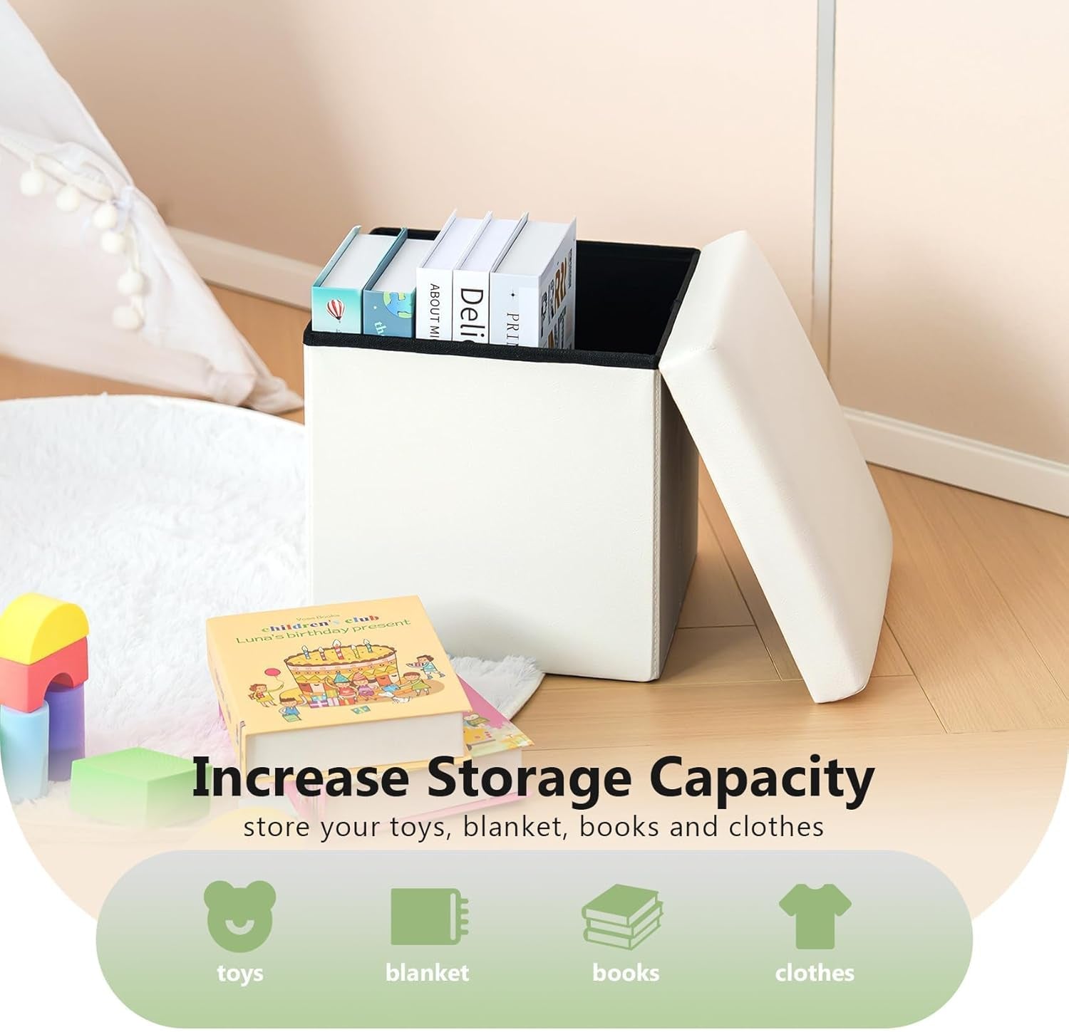 Folding Storage Ottoman Cube Faux Leather Ottomans for Living Room, Bedroom, Home Office, Dorm Storage Footrest White 11.8"X11.8"X11.8"