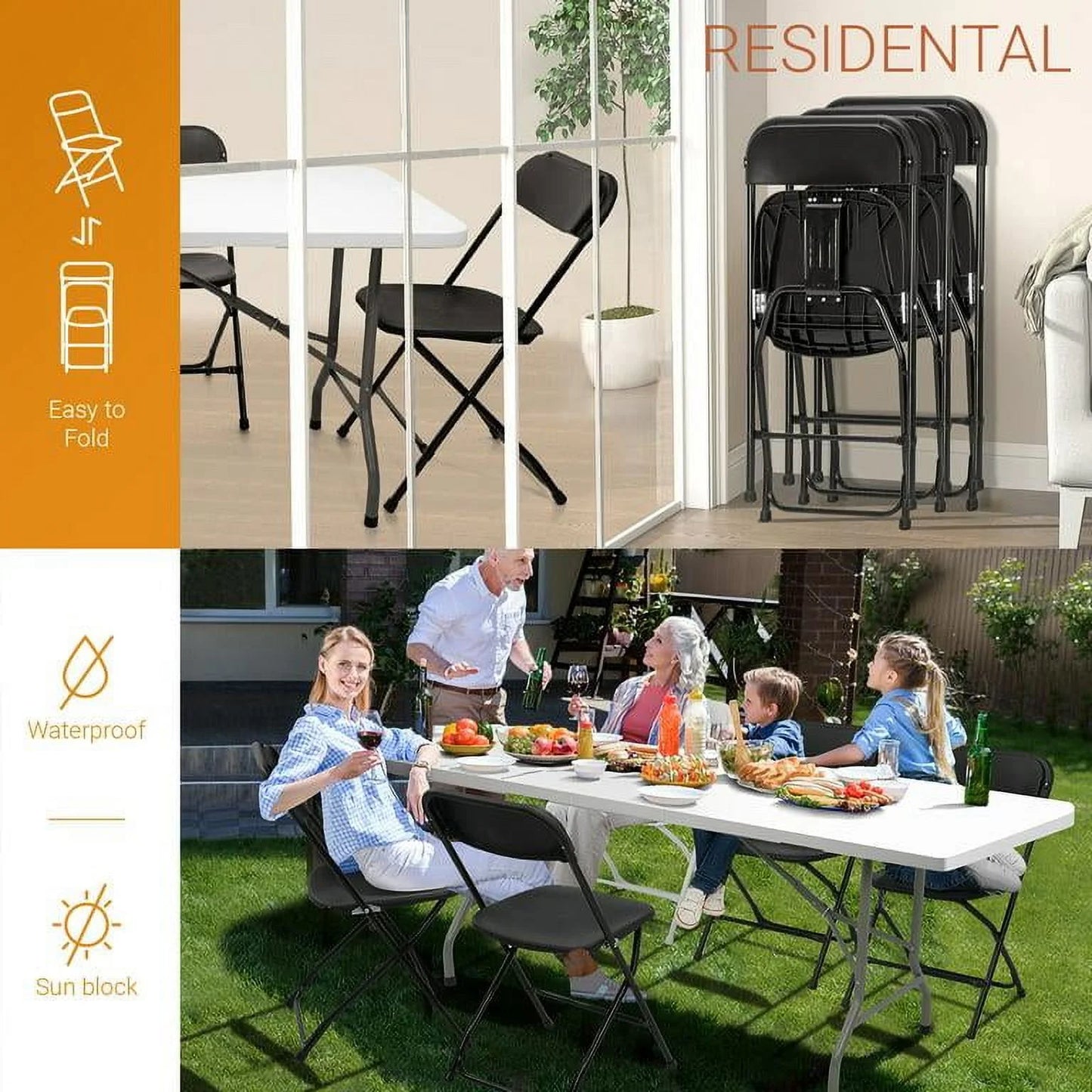4 Pack Indoor Outdoor Events Seats, Portable Stackable, Plastic Folding Chairs for Party, Black