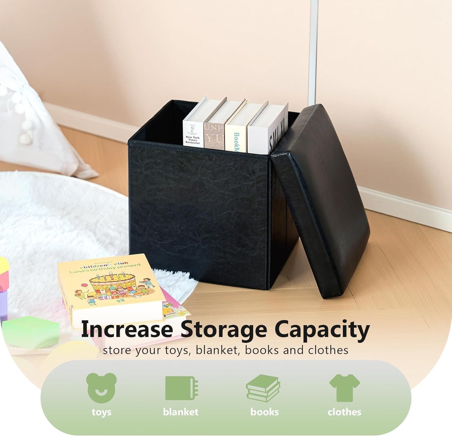 Folding Storage Ottoman Cube with Faux Leather for Living Room, Bedroom, Home Office, Dorm Storage Footrest Black 11.8"X11.8"X11.8"