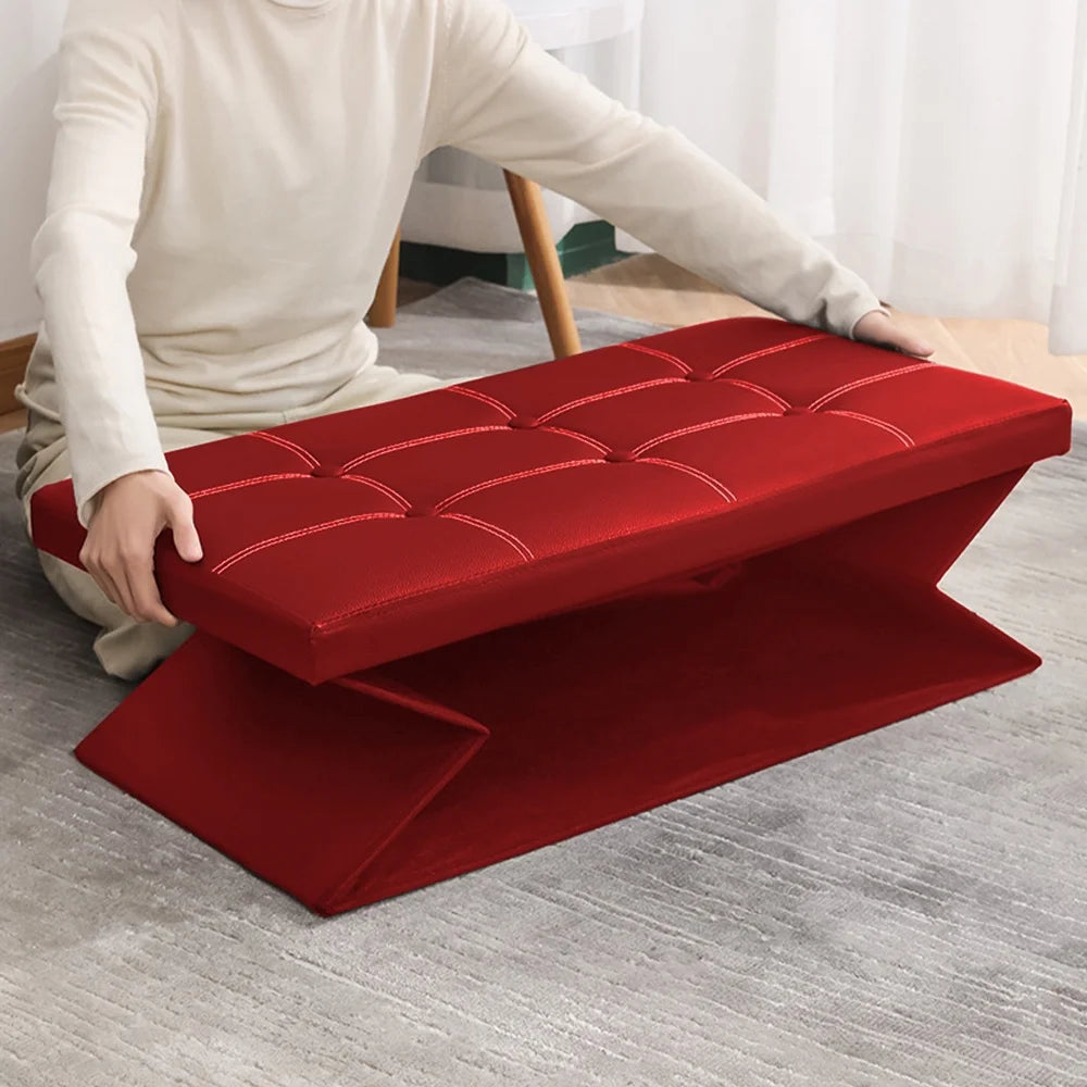 Folding Storage Ottoman Bench,Leather Footstool End of Bed Storage Bench Storage Chest,Foot Rest for Living Room,Bedroom Hallway Bench with Storage,Holds up to 330Lb,30X15X15Inches,Red
