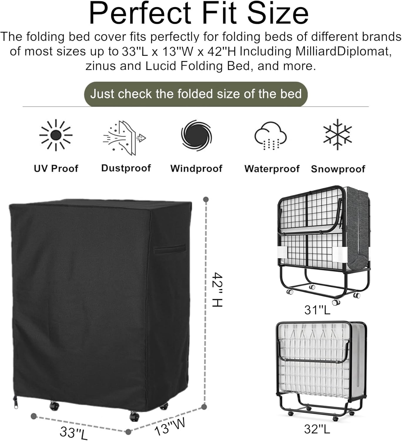 33 in Folding Bed Cover, Black Rollaway Bed Storage Cover for Fold up Bed, Thickened Folding Cot Bed Cover, with Metal Zipper and Adjustable Drawstring, Dustproof and Waterproof