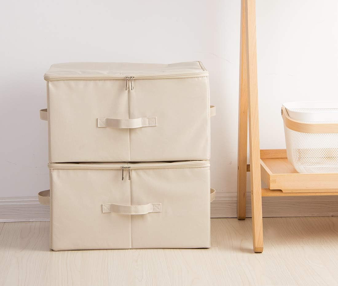 Collapsible Rigid Storage Bins with Lid, Shelves Clothes Storage Cubes, Tide up Your Wardrobe, Beige, Set of 2