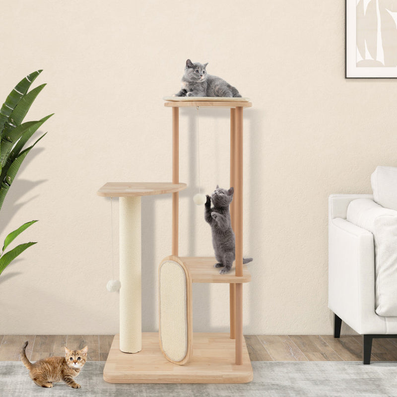 Wooden Multi-Level Modern Cat Tower with Scratching Board and Post