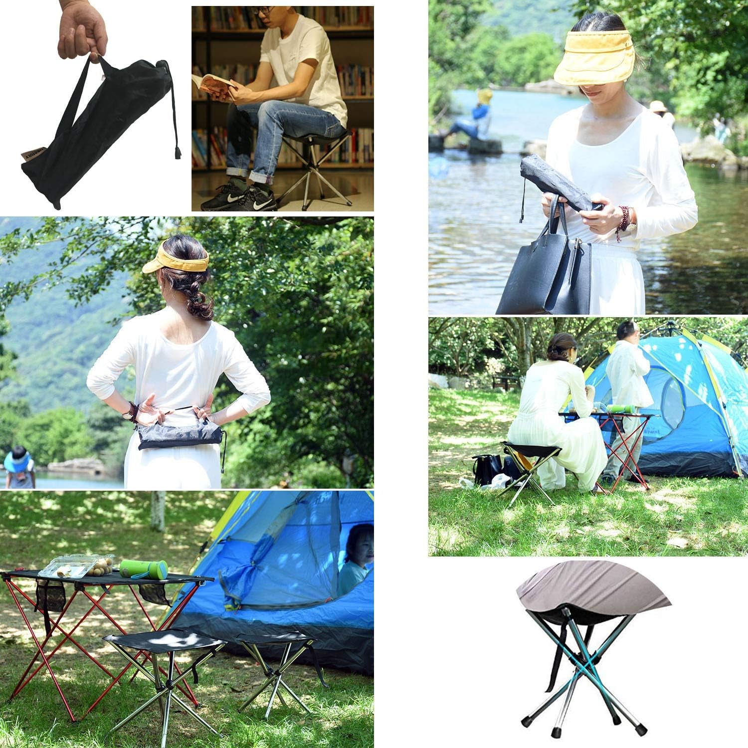 Folding Camping Stool, Retractable Camping Chair, Super Compact, for Travel, Hiking, Gathering, Barbecue, with Carry Bag, Storage Size 11.61"X2.56"X2.56"