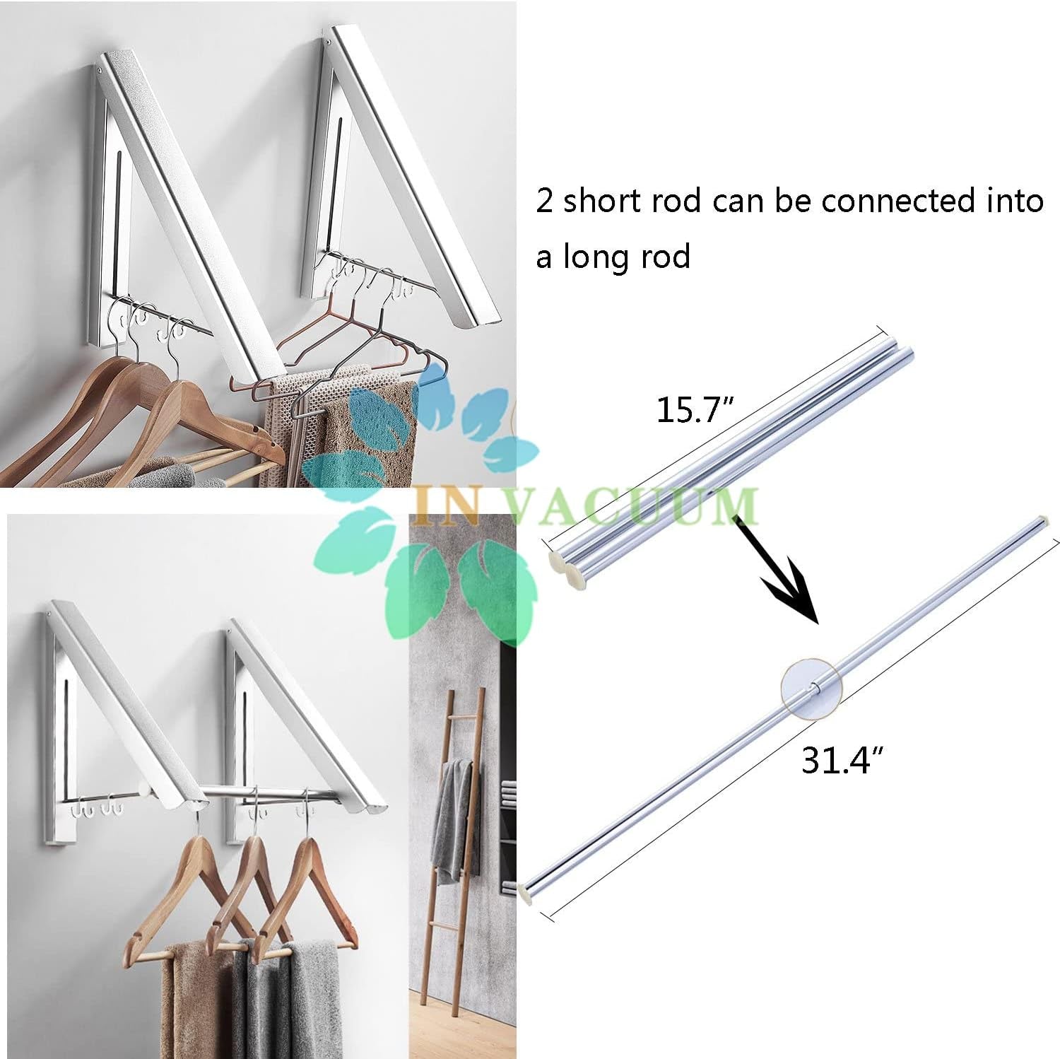 Clothes Drying Rack Folding Indoor, Folding Drying Racks for Laundry Room Closet Storage Organization, Aluminum, Easy Installation (2 Racks with Rod, Sliver)