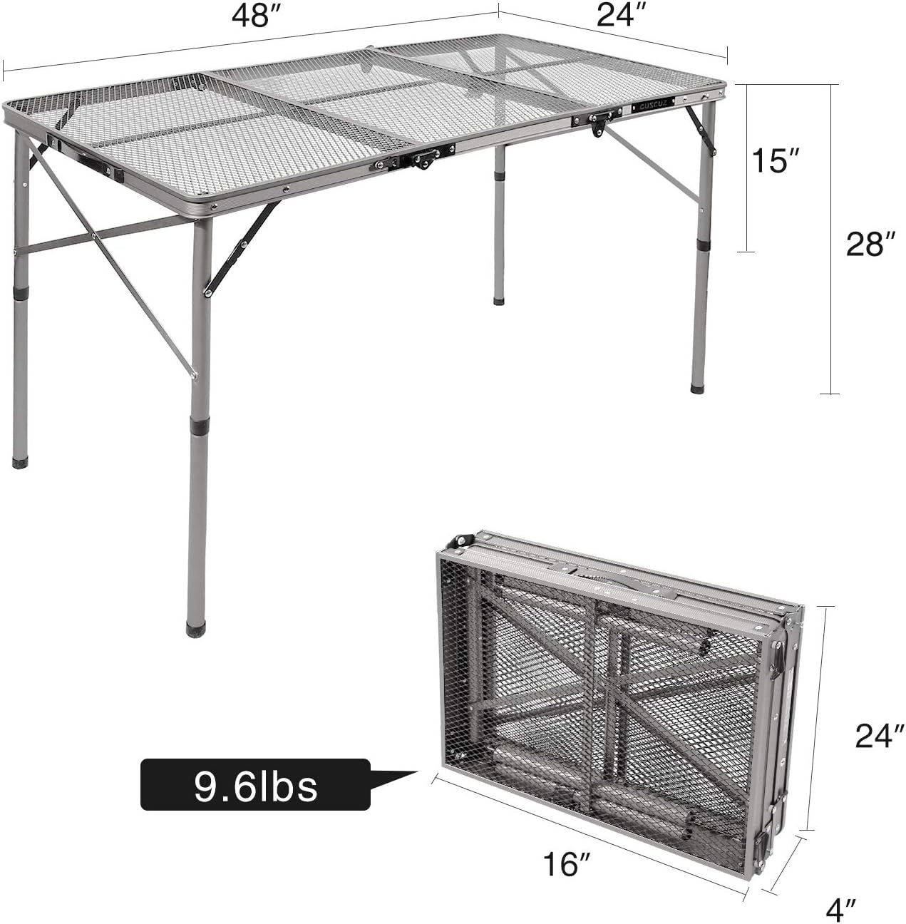 48X24 Long Folding Grill Table for Outside, Lightweight Portable Metal Aluminum Outdoor Grill Table with Adjustable Height Legs, Great for Camping Picnic Cooking BBQ, Silver 4Ft