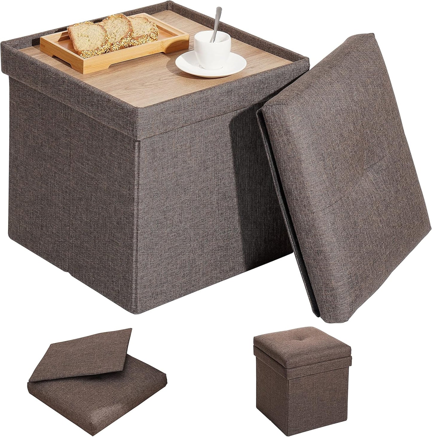 Storage Ottoman with Tray, Square Folding Ottoman Coffee Table, Portable Footrest Stool, Brown