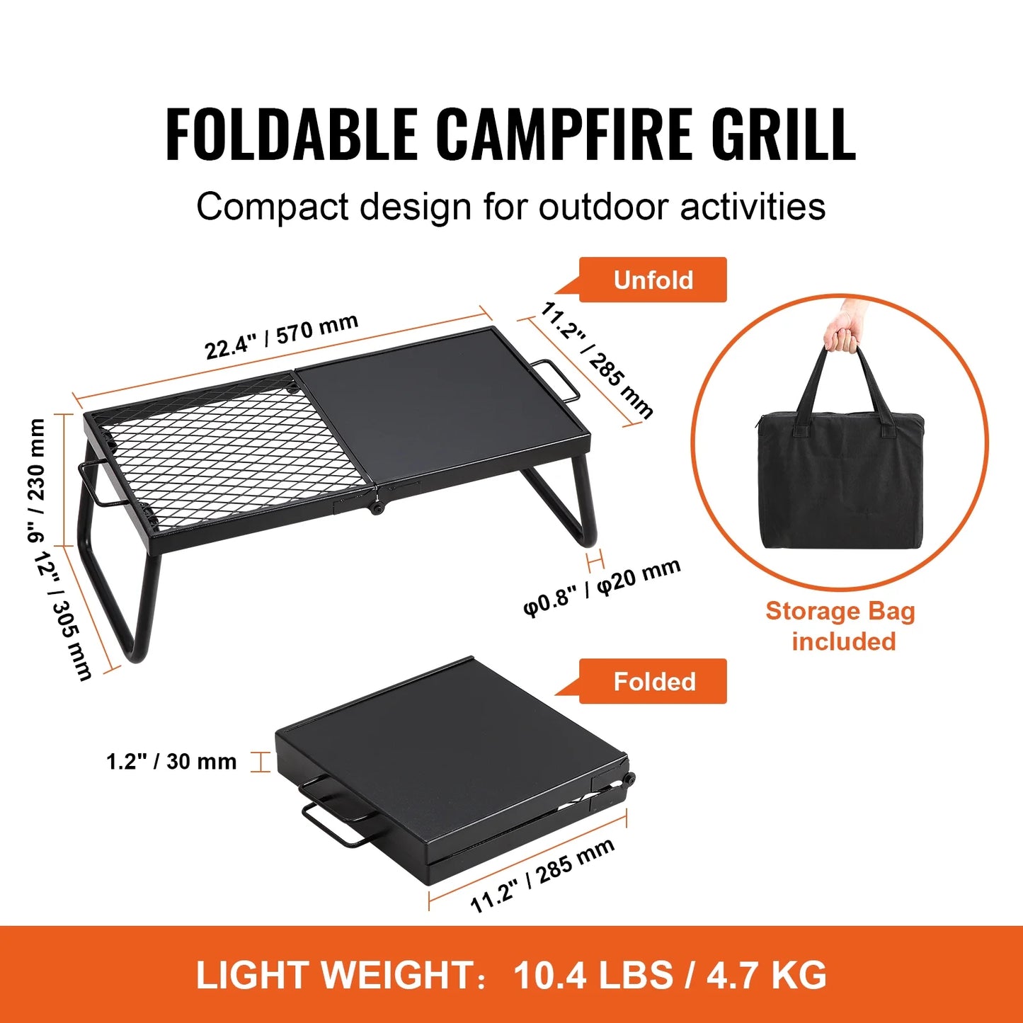 Folding Campfire Grill, Collapsible Outdoor Grill, Heavy Duty Steel Camp Fire Grill, 22.4" Compact Travel-Friendly Grates for Fire Pit, Camping Cookware with Stand and Transport Sack, BBQ Rack