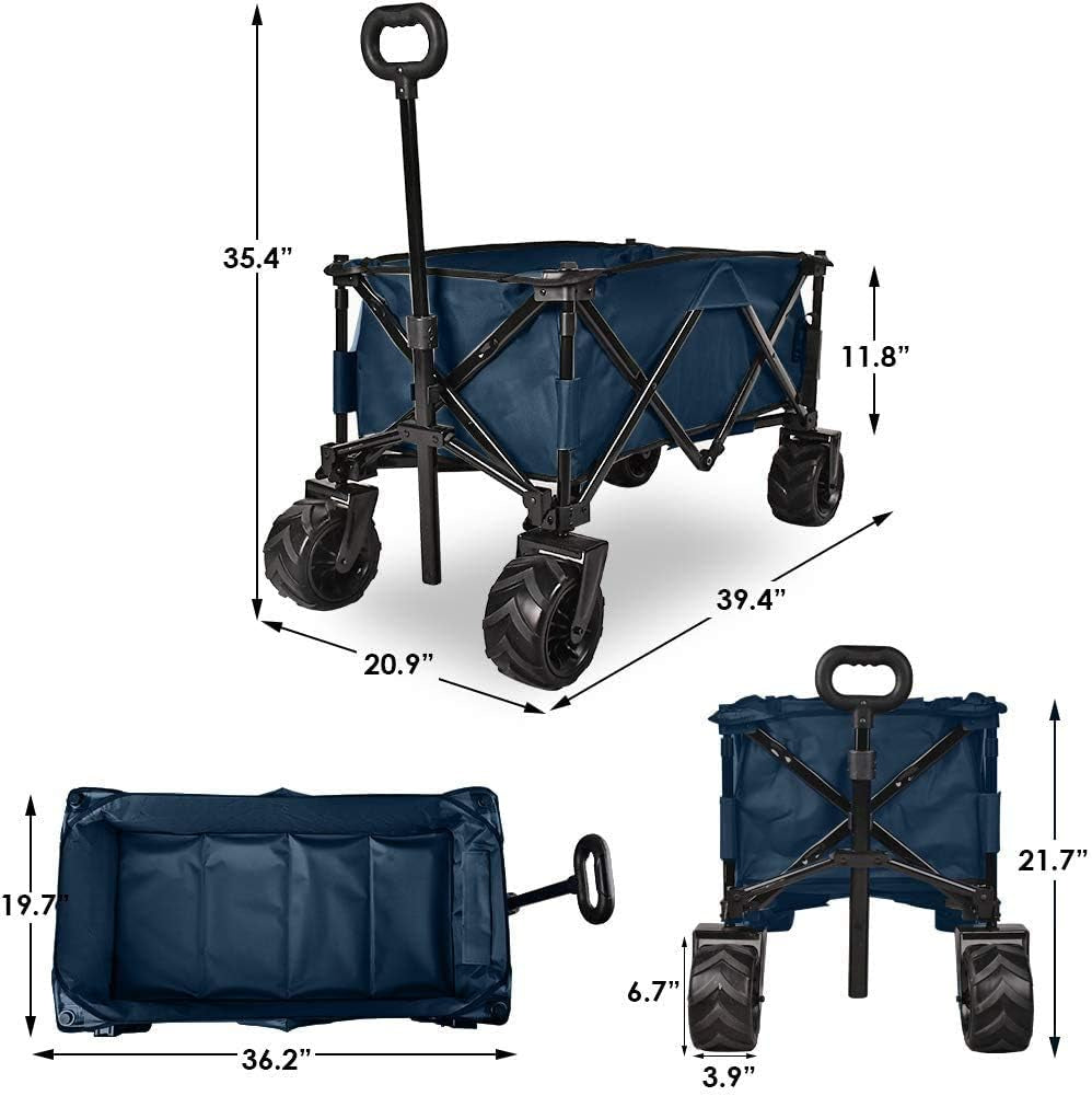 Folding Wagon Collapsible Utility Big Wheels Shopping Cart for Beach Outdoor Camping Garden Canvas Fabric All Terrain Heavy Duty Portable Grocery Cart Buggies Adjustable Handle (Navy)