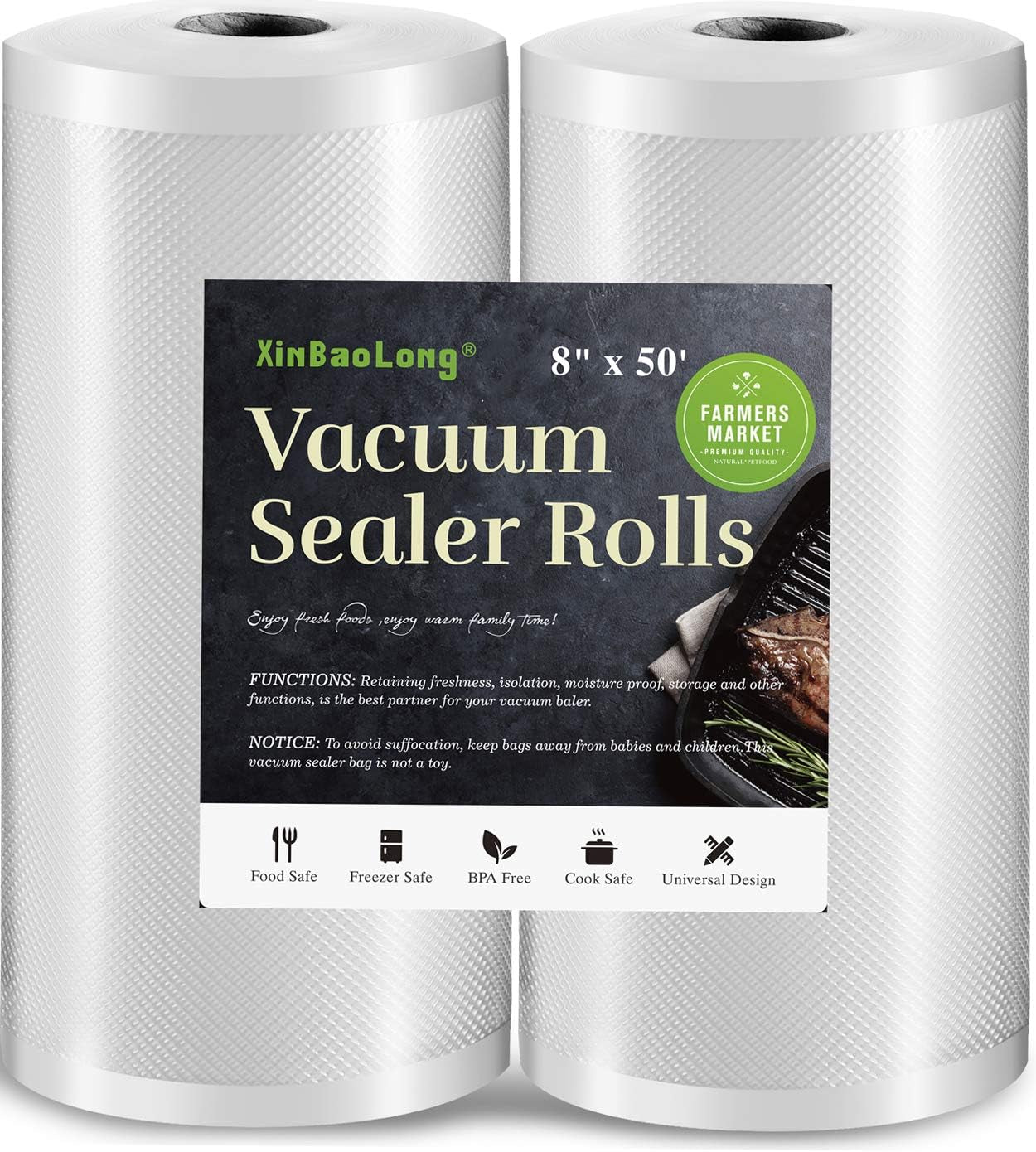 Vacuum Sealer Bags for Food,Seal a Meal Bags Rolls,8Inx50 Rolls 2 Pack,,Commercial Grade, Heavy Duty, BPA Free,Great for Vac Storage.Total 100 Feet!!!