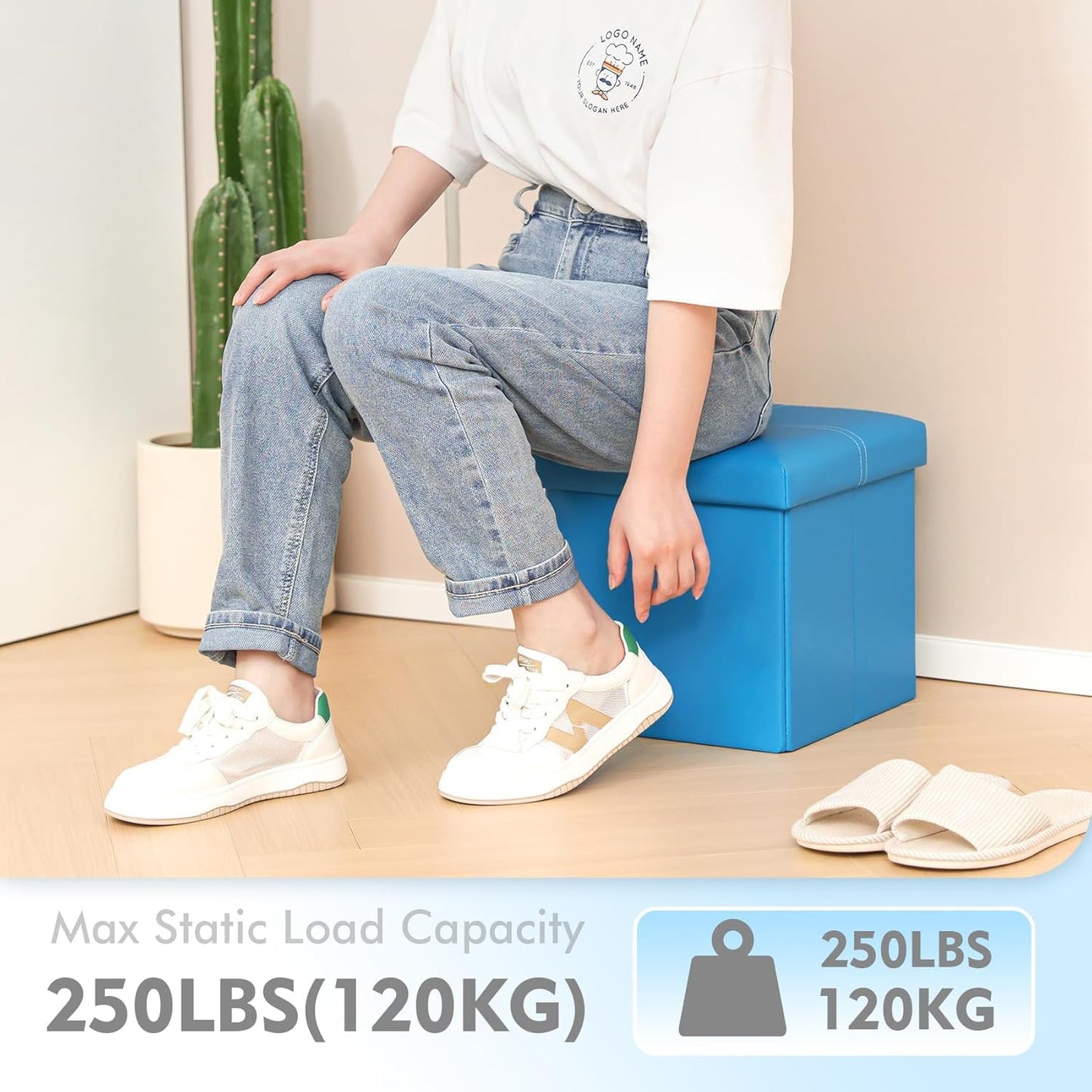 Folding Storage Ottoman, Faux Leather Footrest Seat Coffee Table Toy Chest Kids, Blue 11.8"X11.8"X11.8"