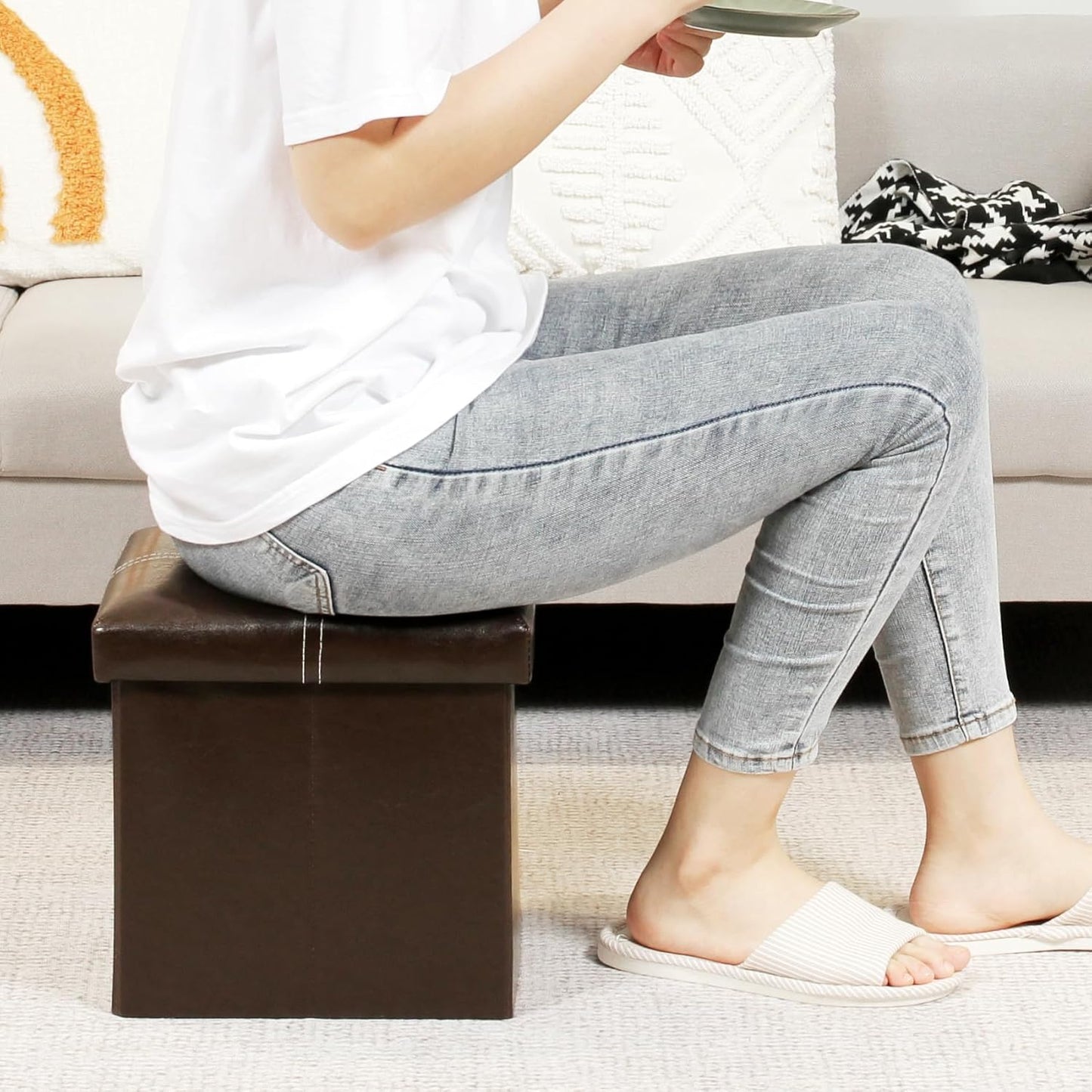 Folding Storage Ottoman, Faux Leather Footrest Seat Coffee Table Toy Chest Kids, Brown 11.8"X11.8"X11.8"
