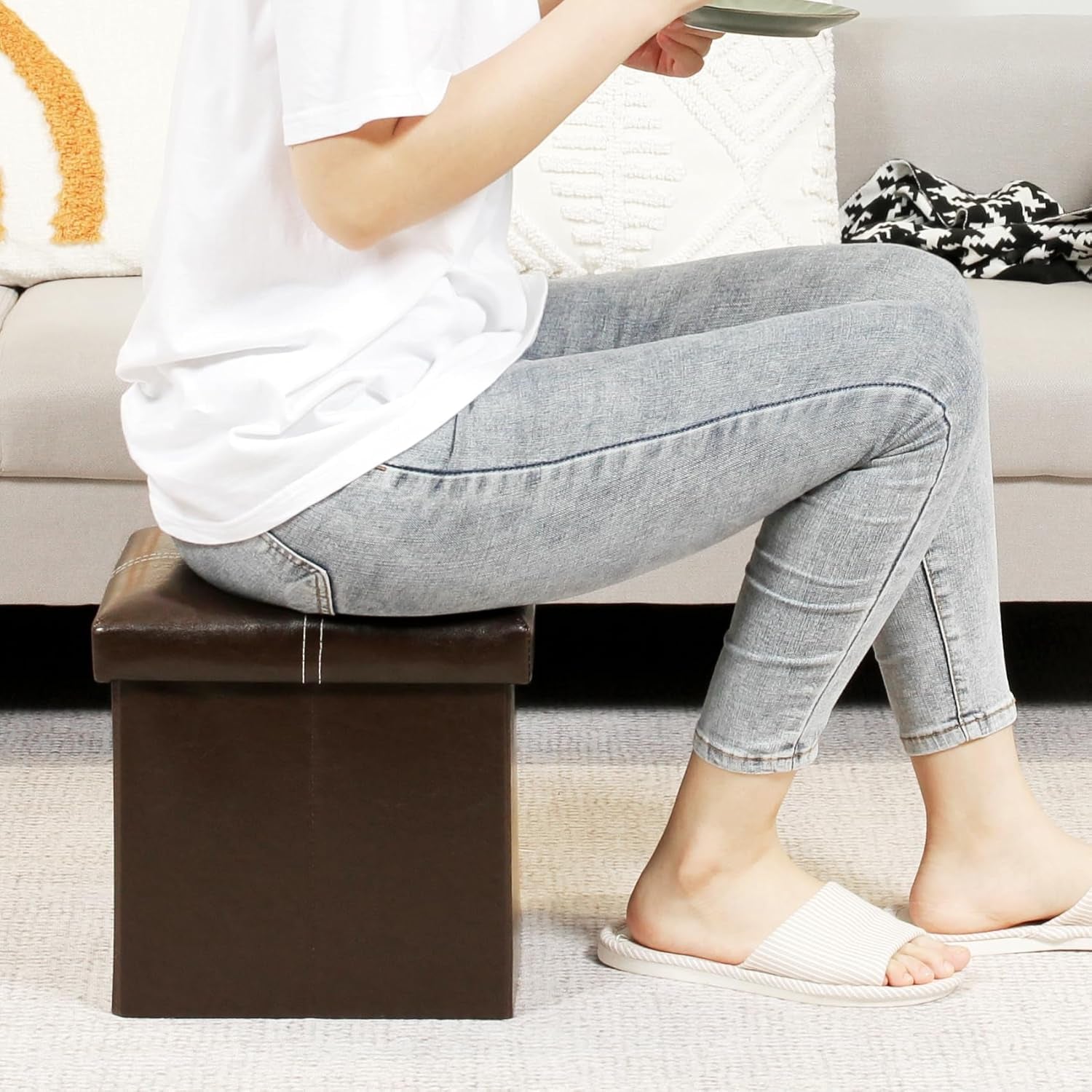 Folding Storage Ottoman, Faux Leather Footrest Seat Coffee Table Toy Chest Kids, Brown 11.8"X11.8"X11.8"